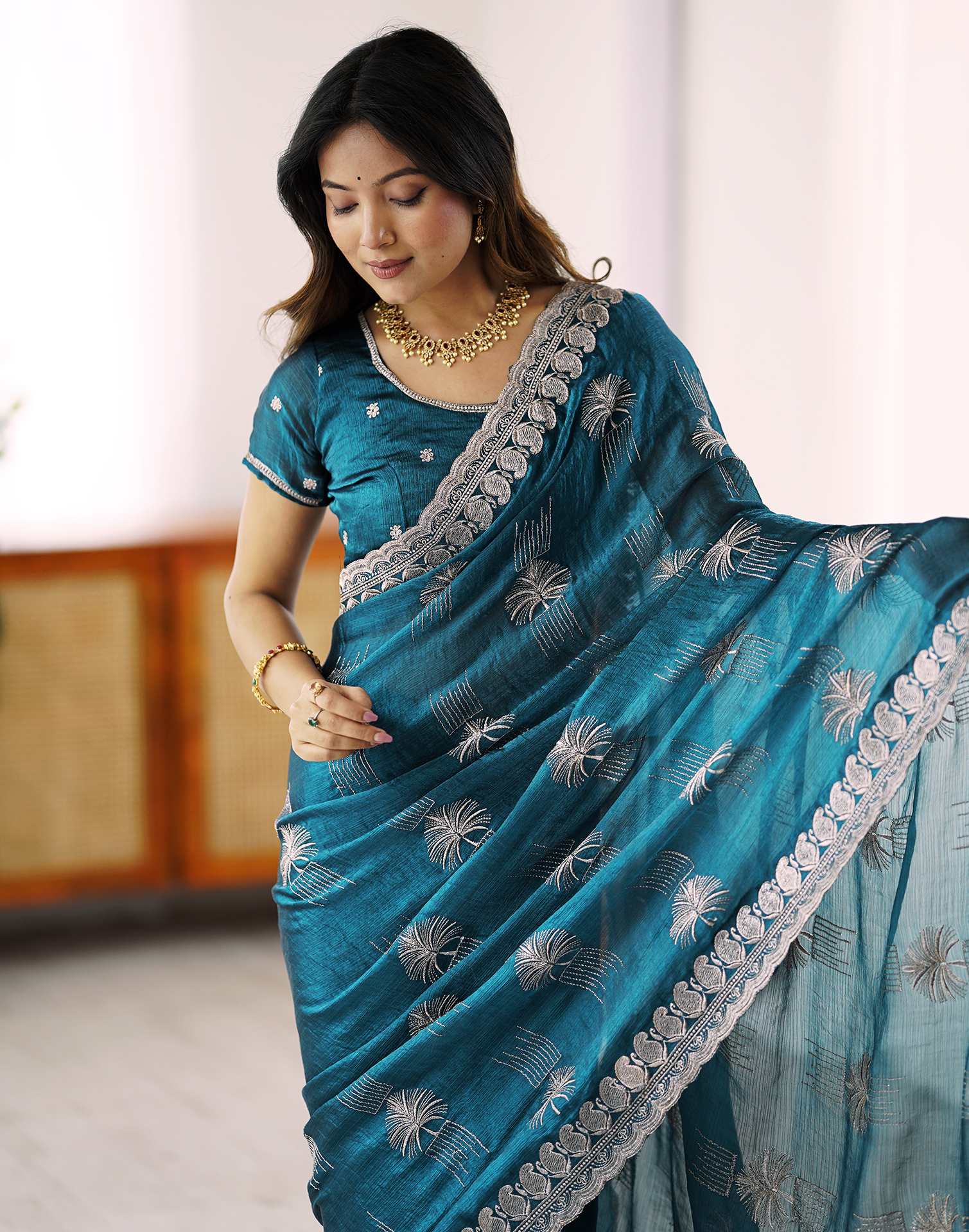 Blue Chiffon Embroidery Saree