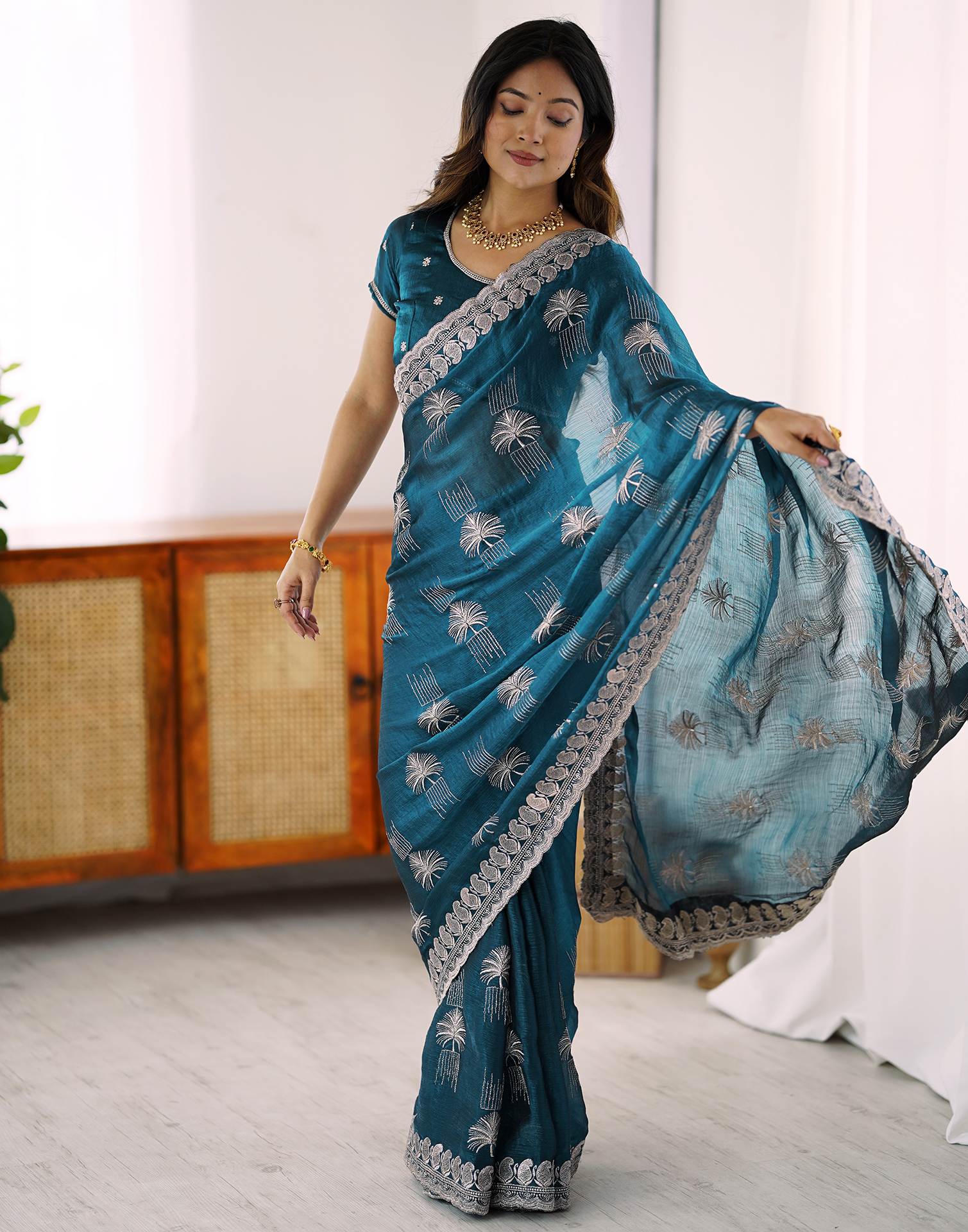 Blue Chiffon Embroidery Saree