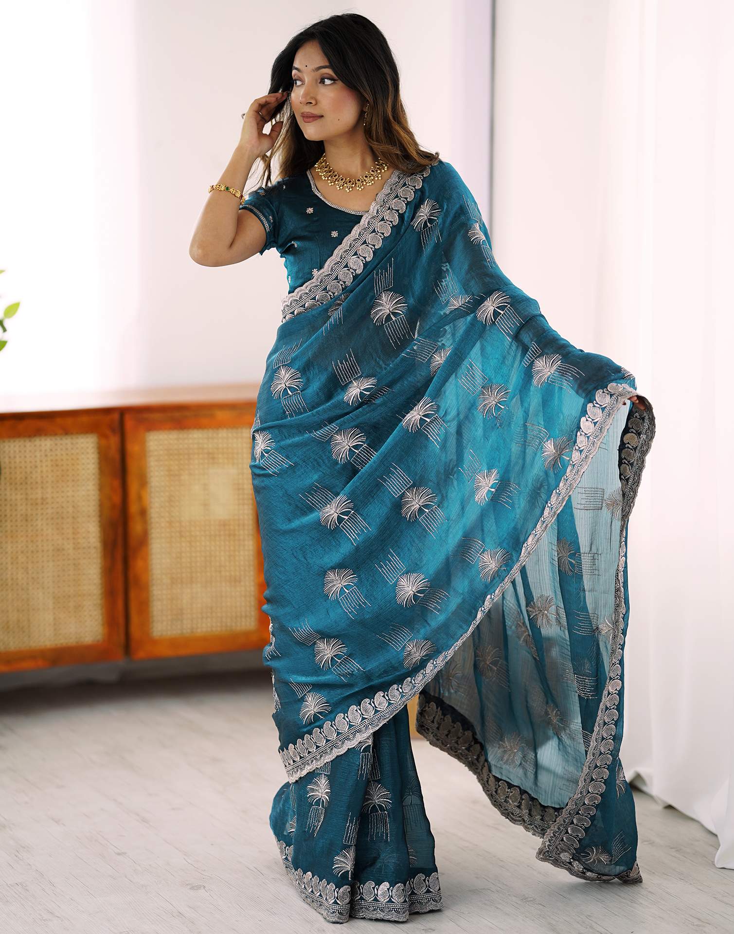 Blue Chiffon Embroidery Saree