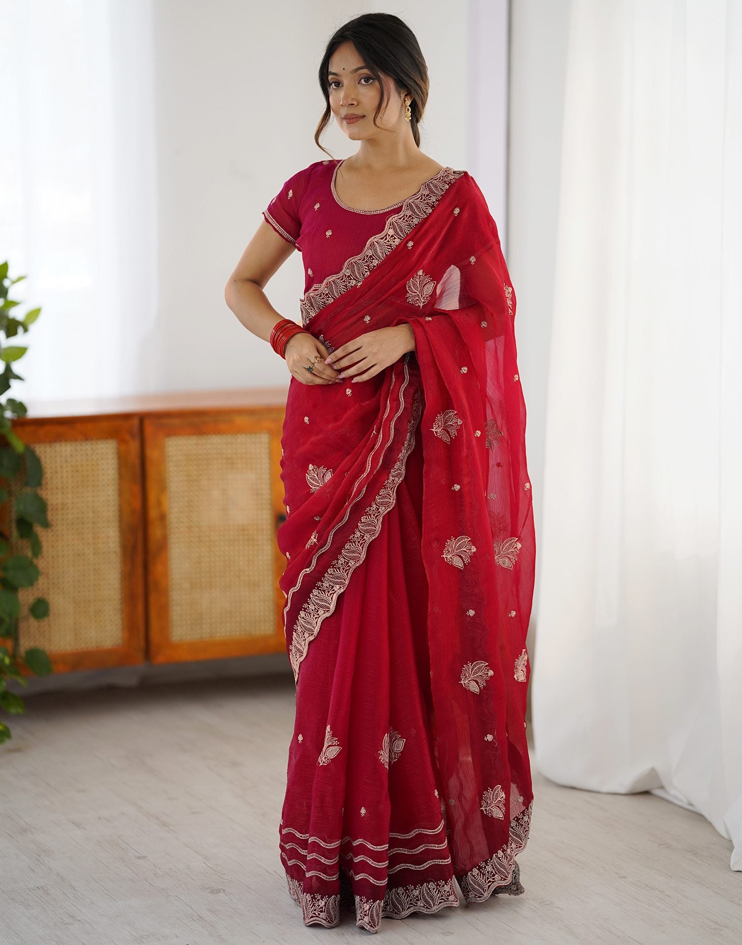 Red Chiffon Embroidery Saree
