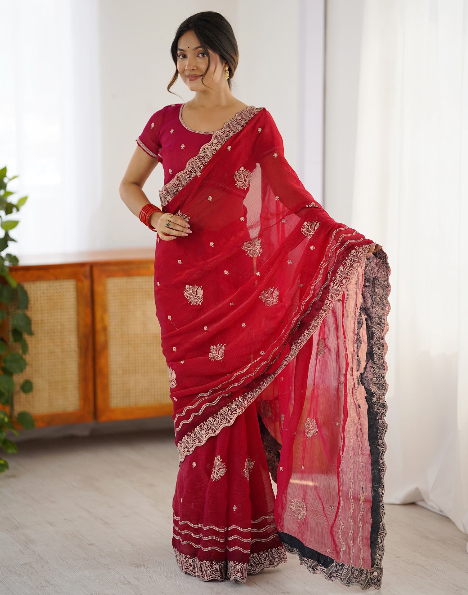 Red Chiffon Embroidery Saree