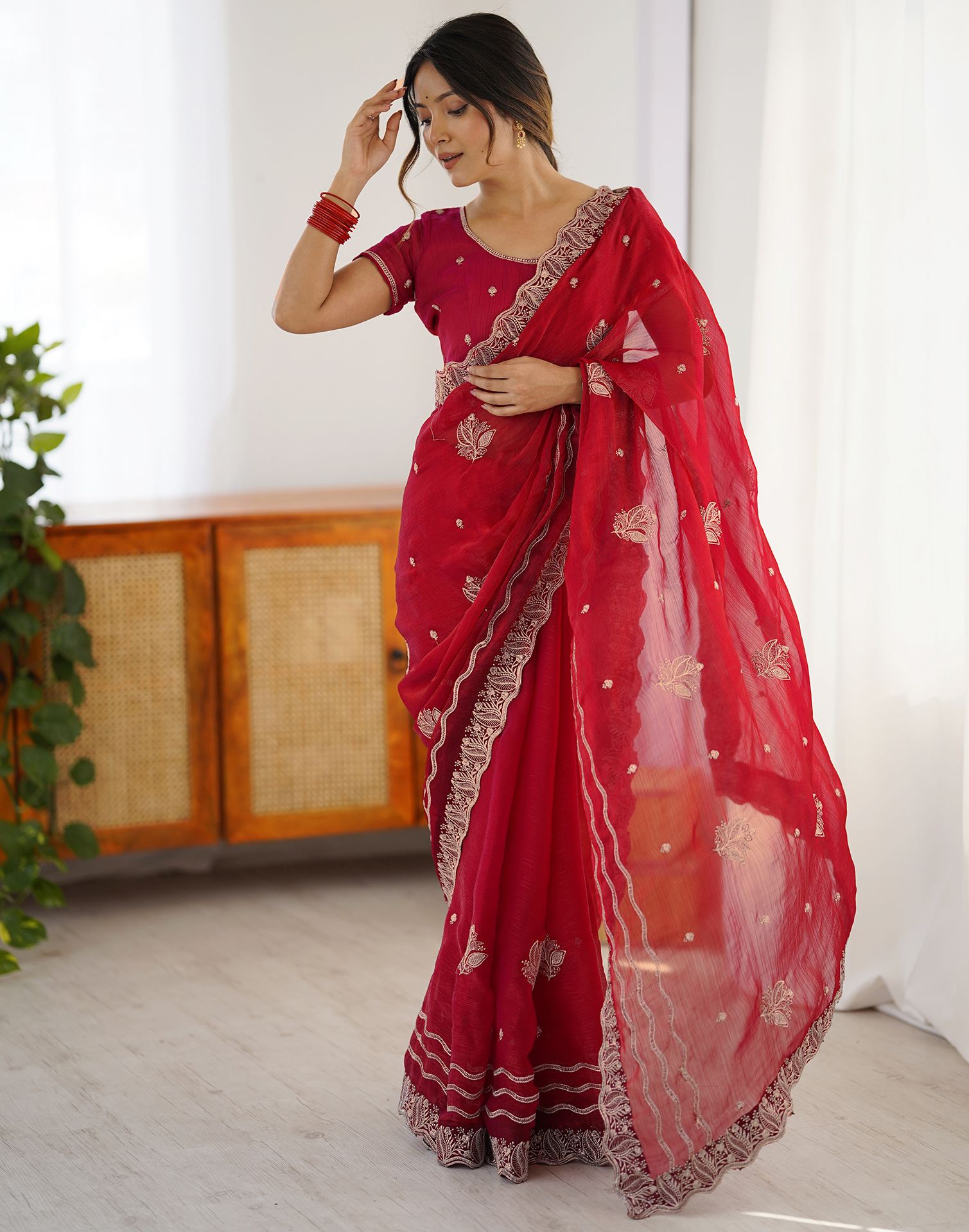 Red Chiffon Embroidery Saree