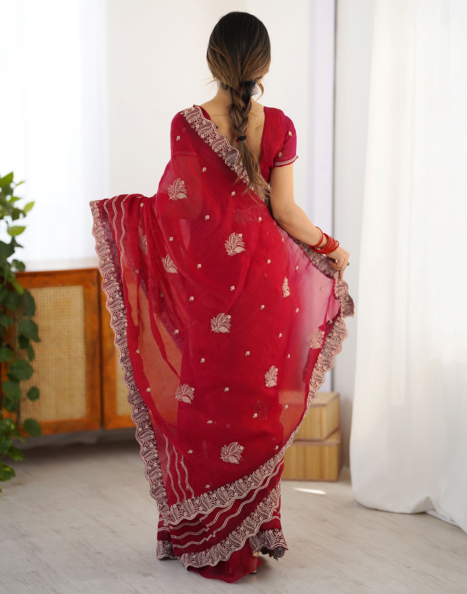 Red Chiffon Embroidery Saree