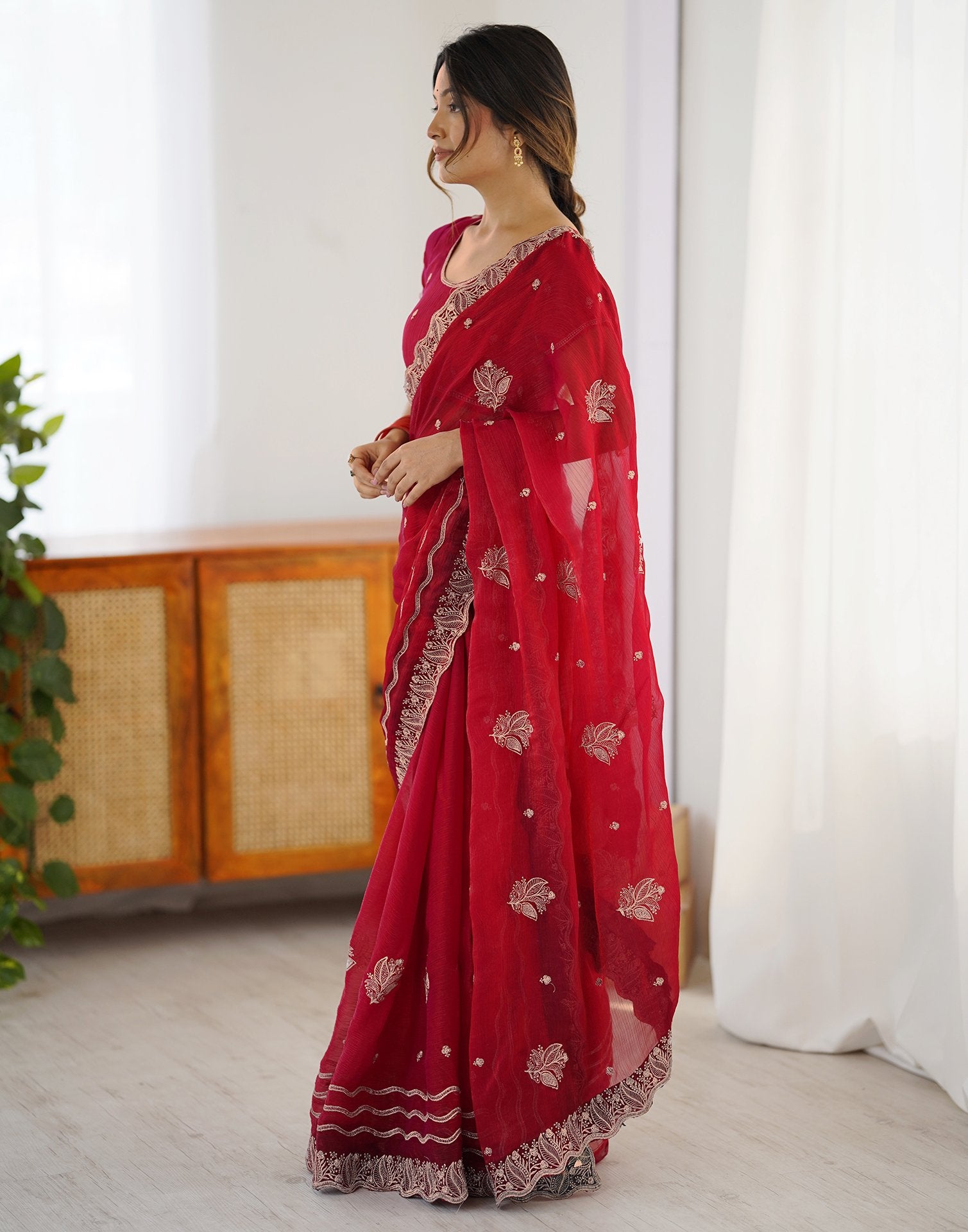 Red Chiffon Embroidery Saree