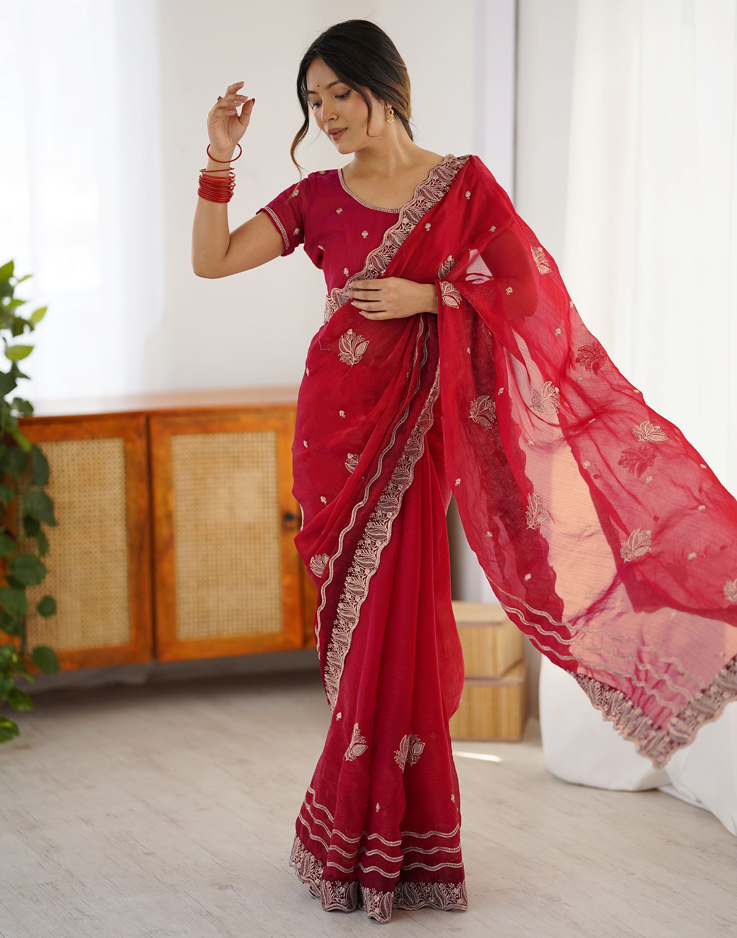 Red Chiffon Embroidery Saree