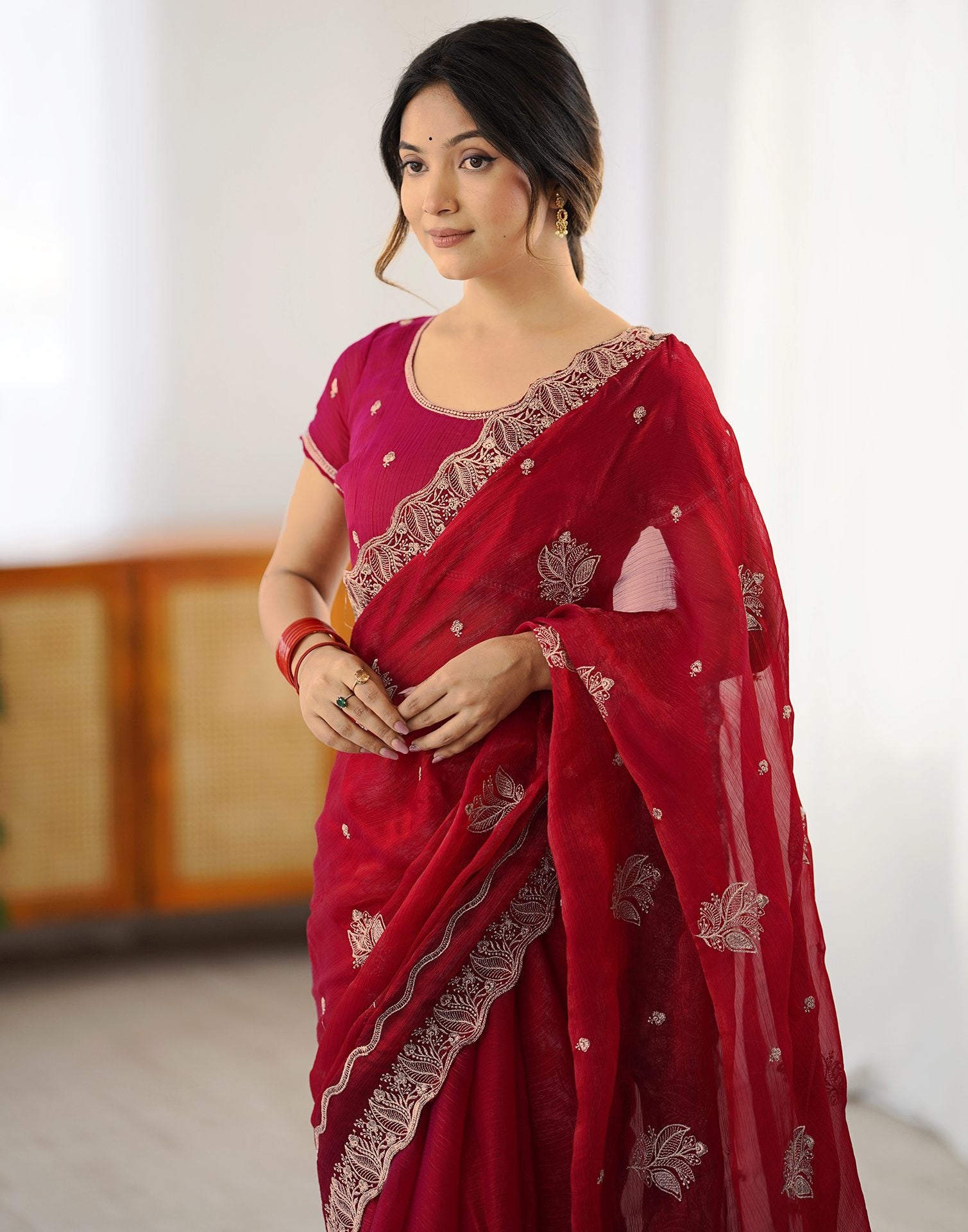 Red Chiffon Embroidery Saree