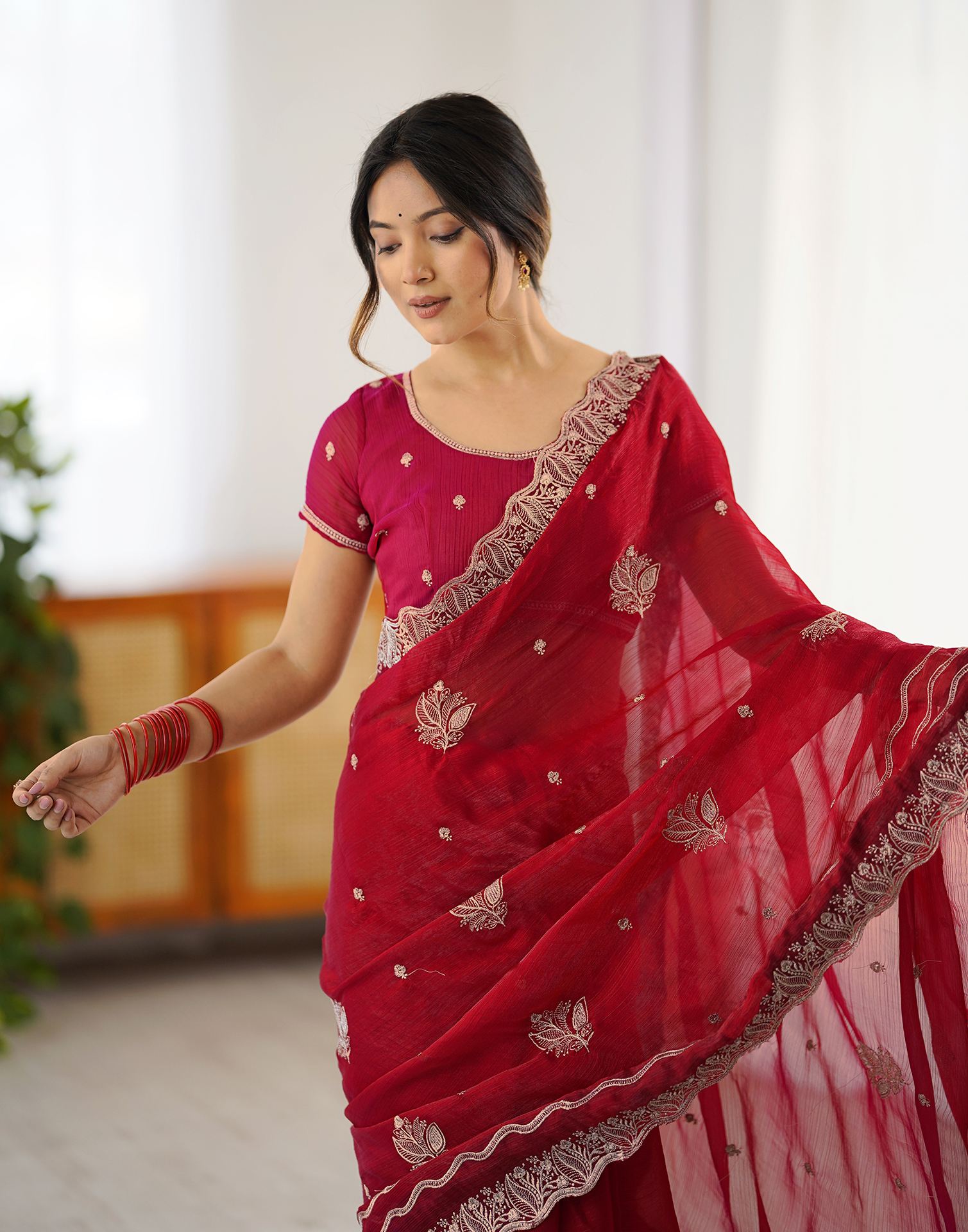 Red Chiffon Embroidery Saree