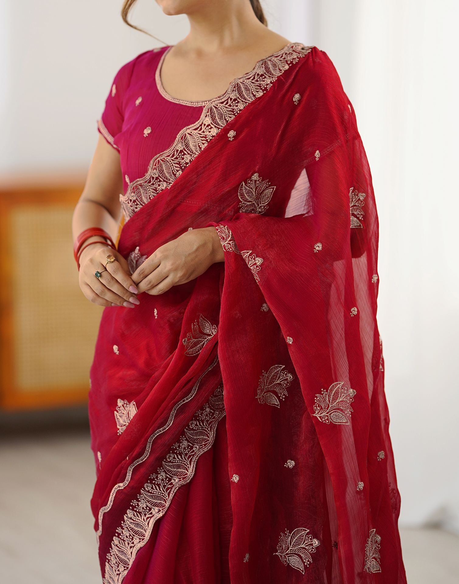 Red Chiffon Embroidery Saree