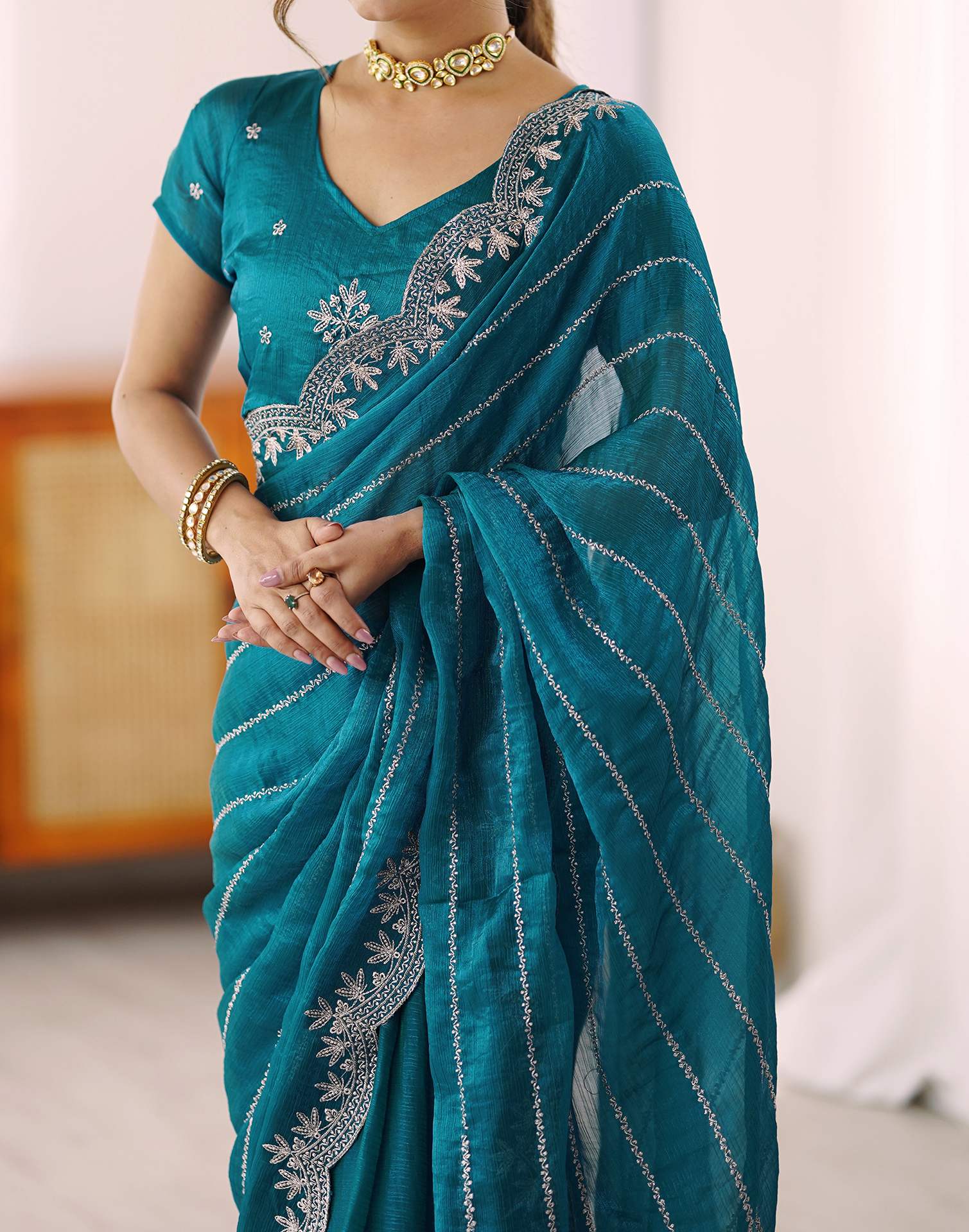 Peacock Green Chiffon Embroidery Saree