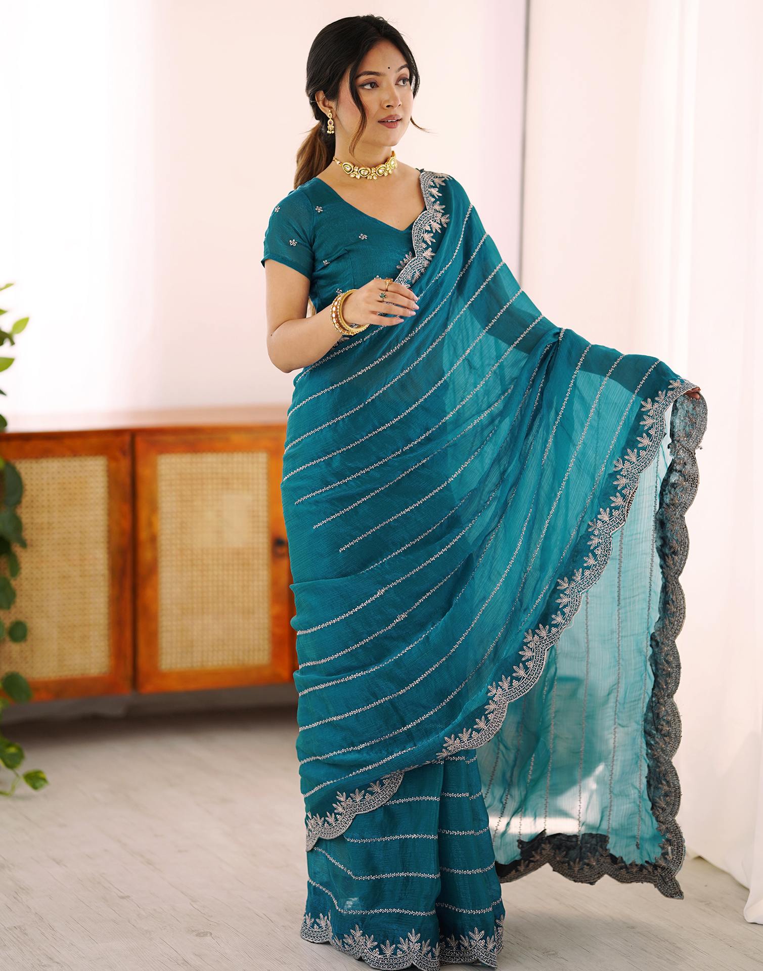 Peacock Green Chiffon Embroidery Saree