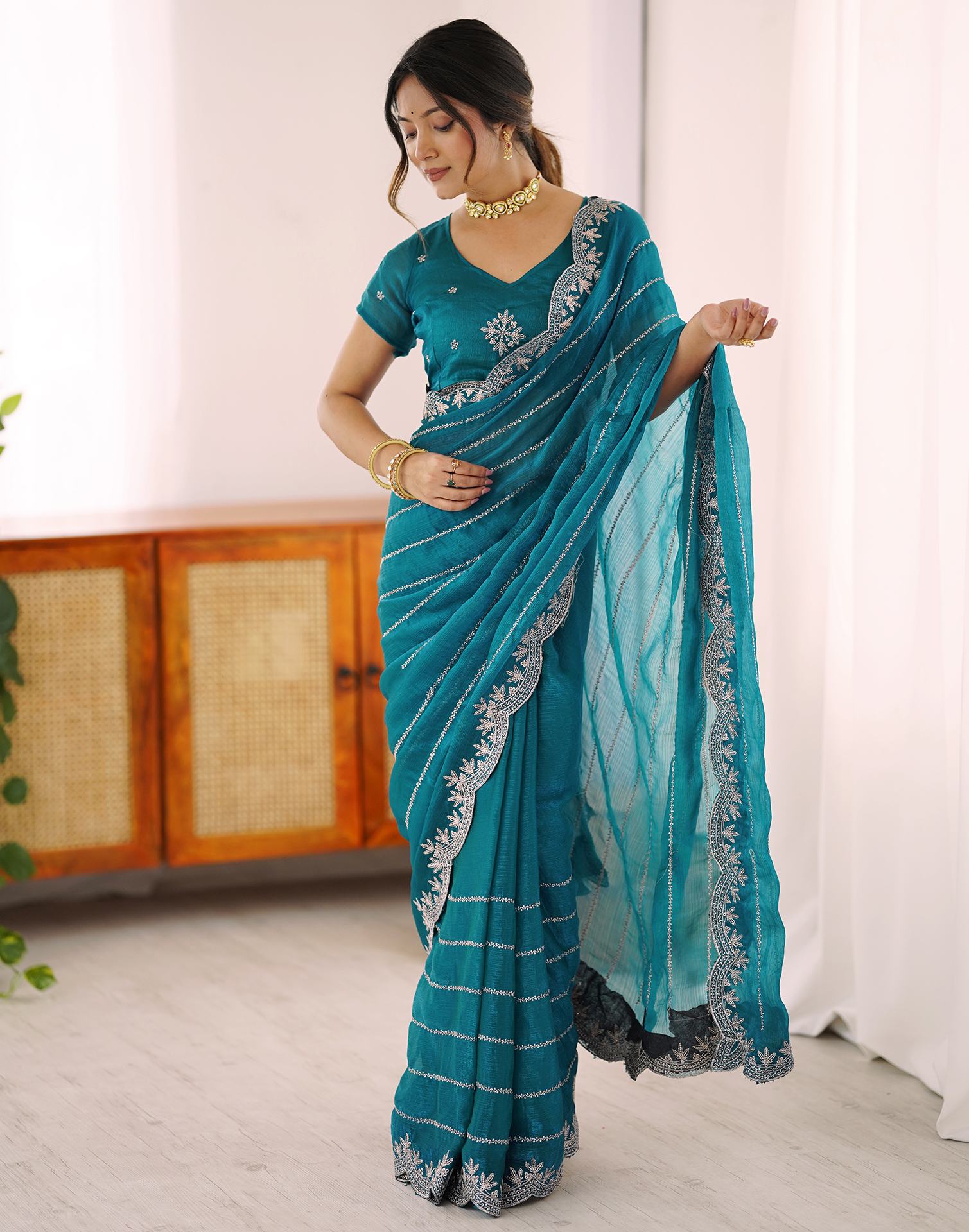 Peacock Green Chiffon Embroidery Saree