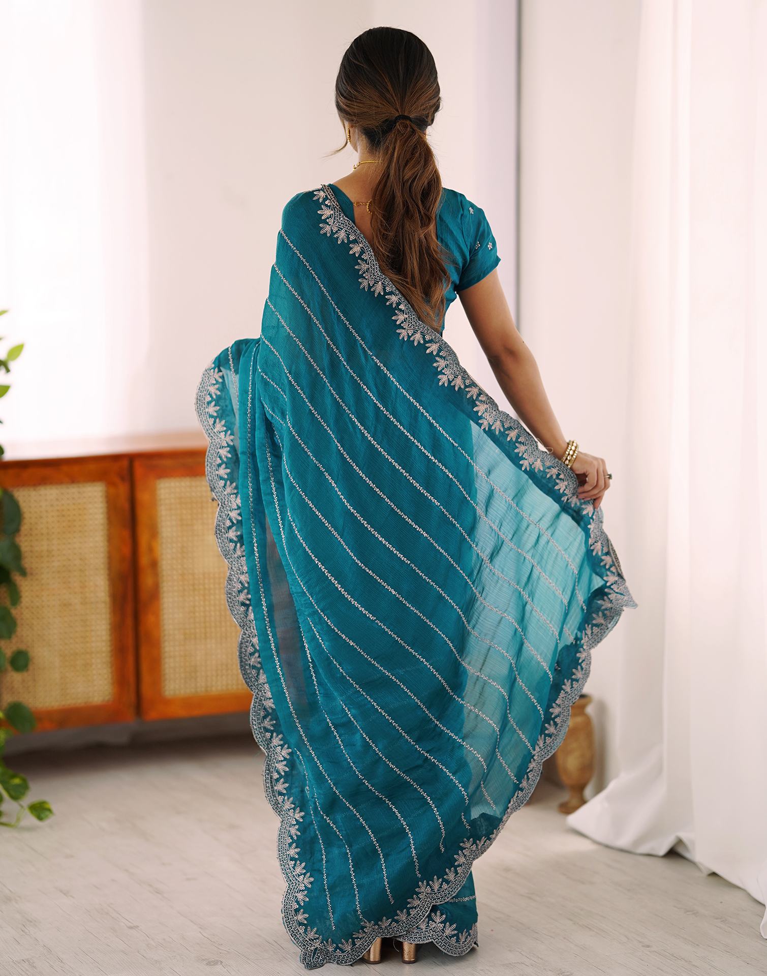 Peacock Green Chiffon Embroidery Saree