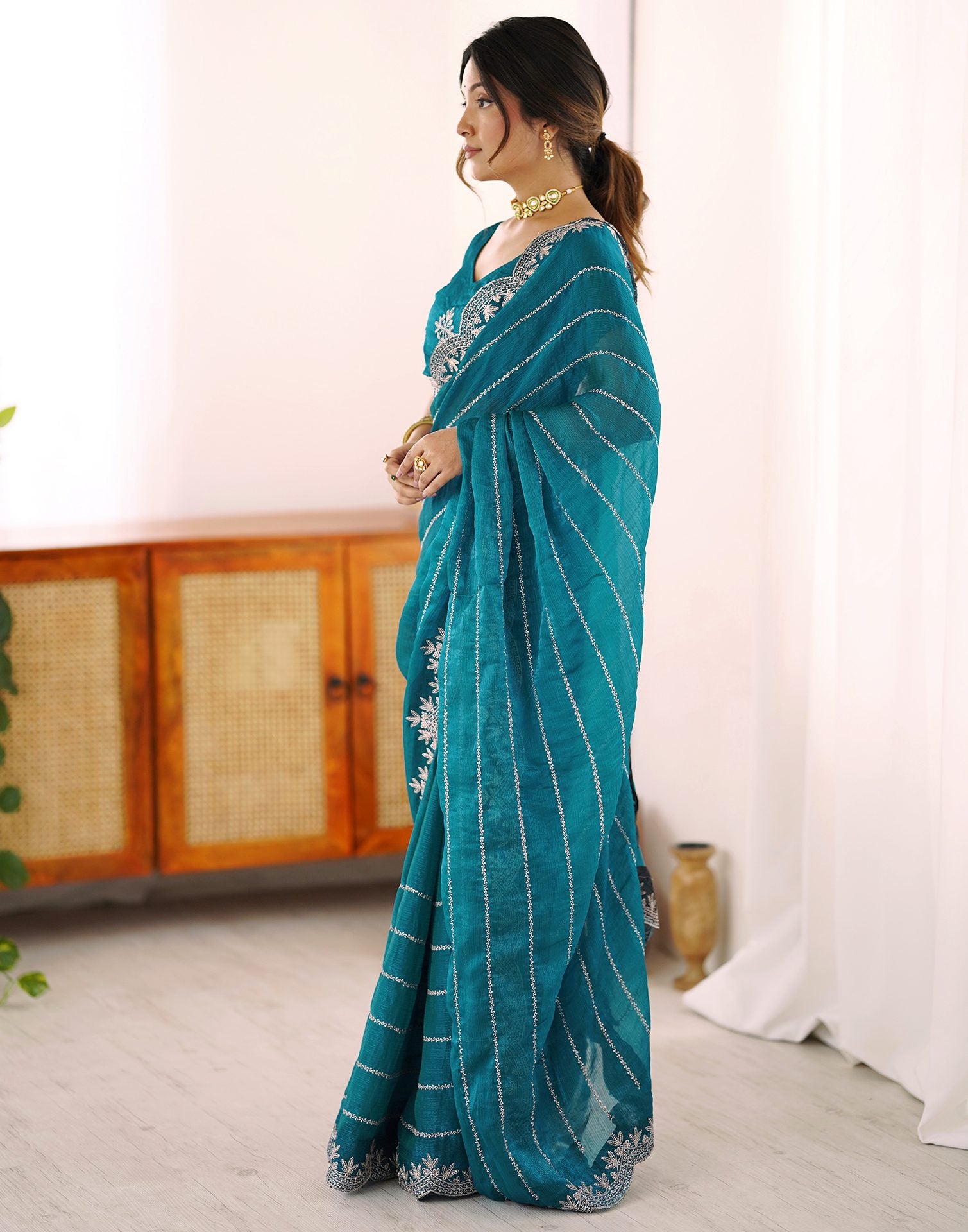 Peacock Green Chiffon Embroidery Saree