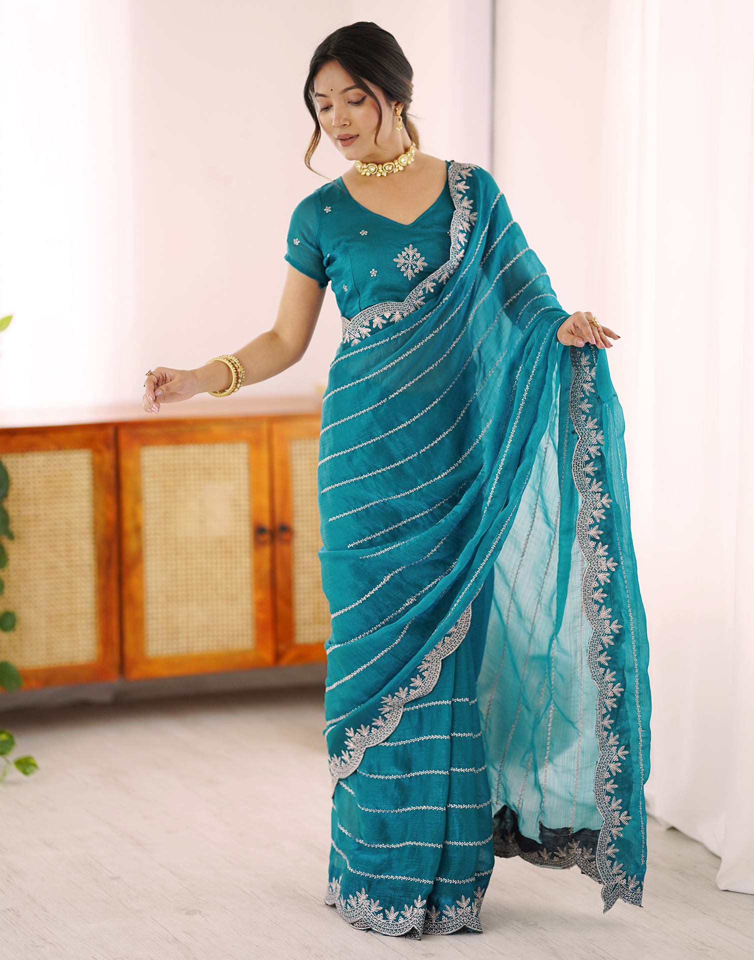 Peacock Green Chiffon Embroidery Saree