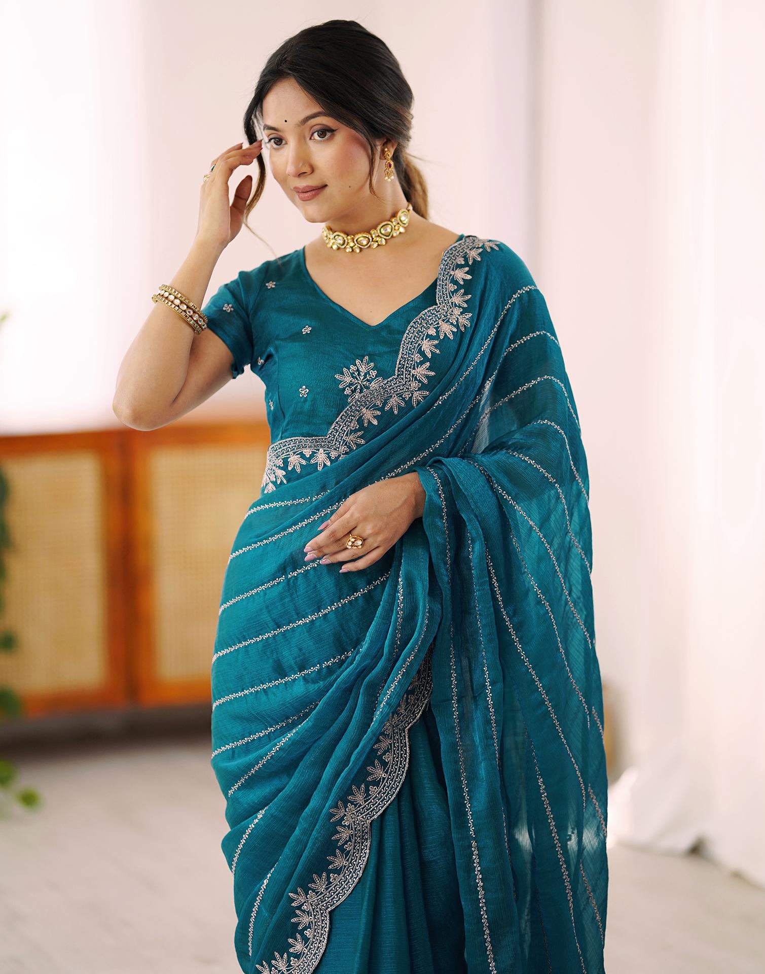 Peacock Green Chiffon Embroidery Saree