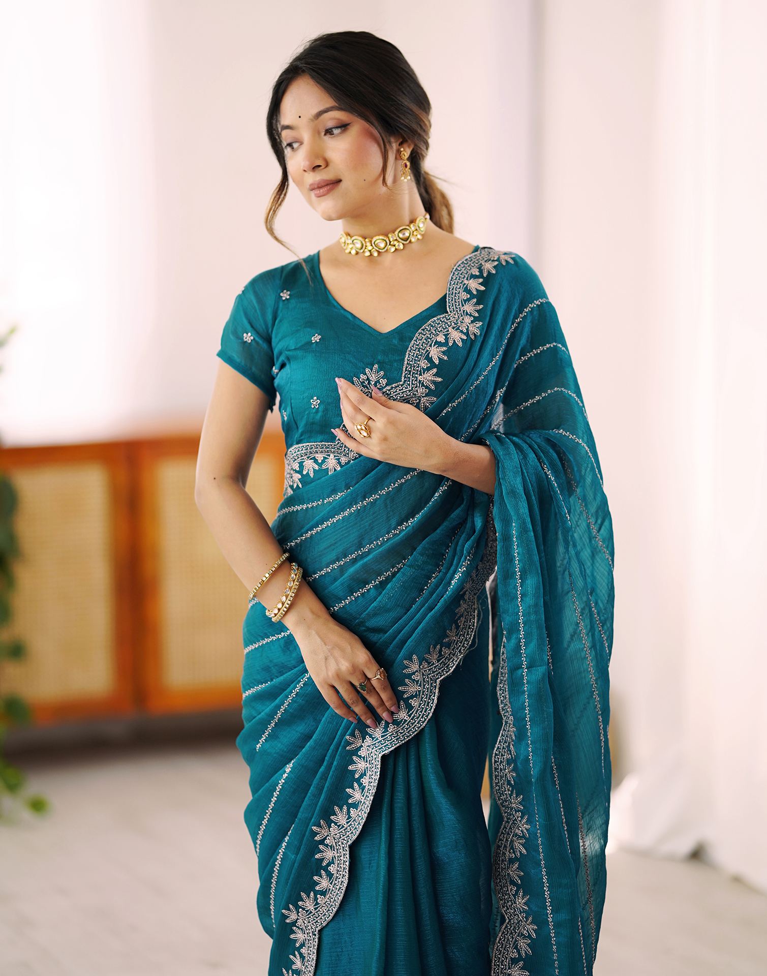 Peacock Green Chiffon Embroidery Saree
