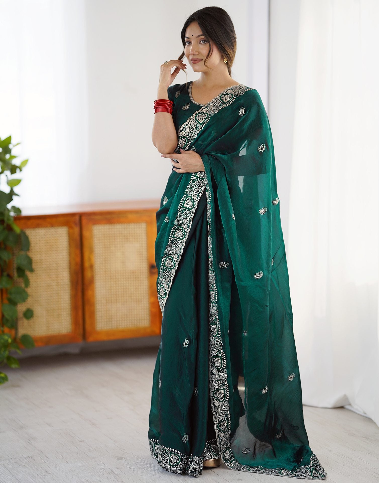 Green Tissue Silk Embroidery Saree