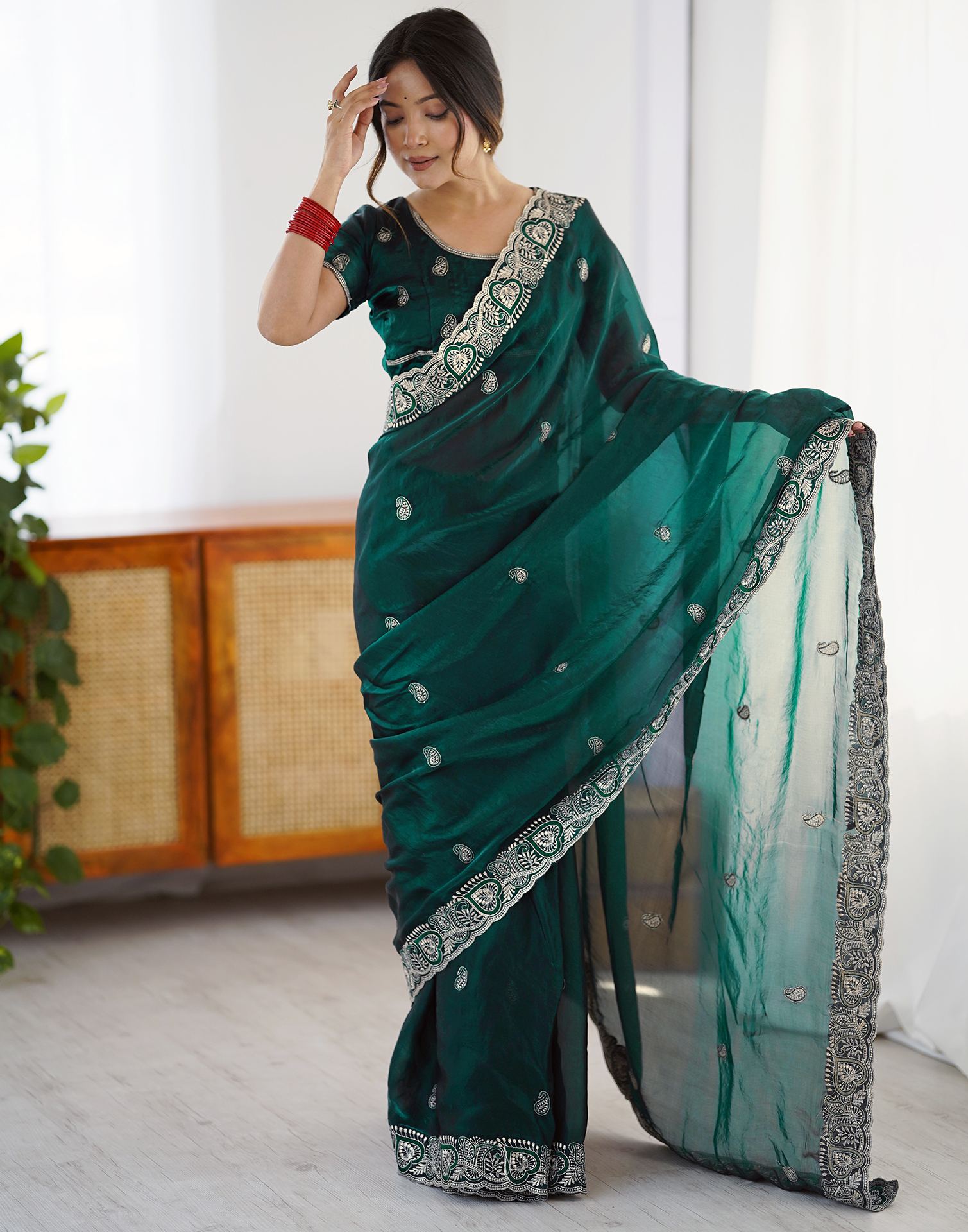 Green Tissue Silk Embroidery Saree