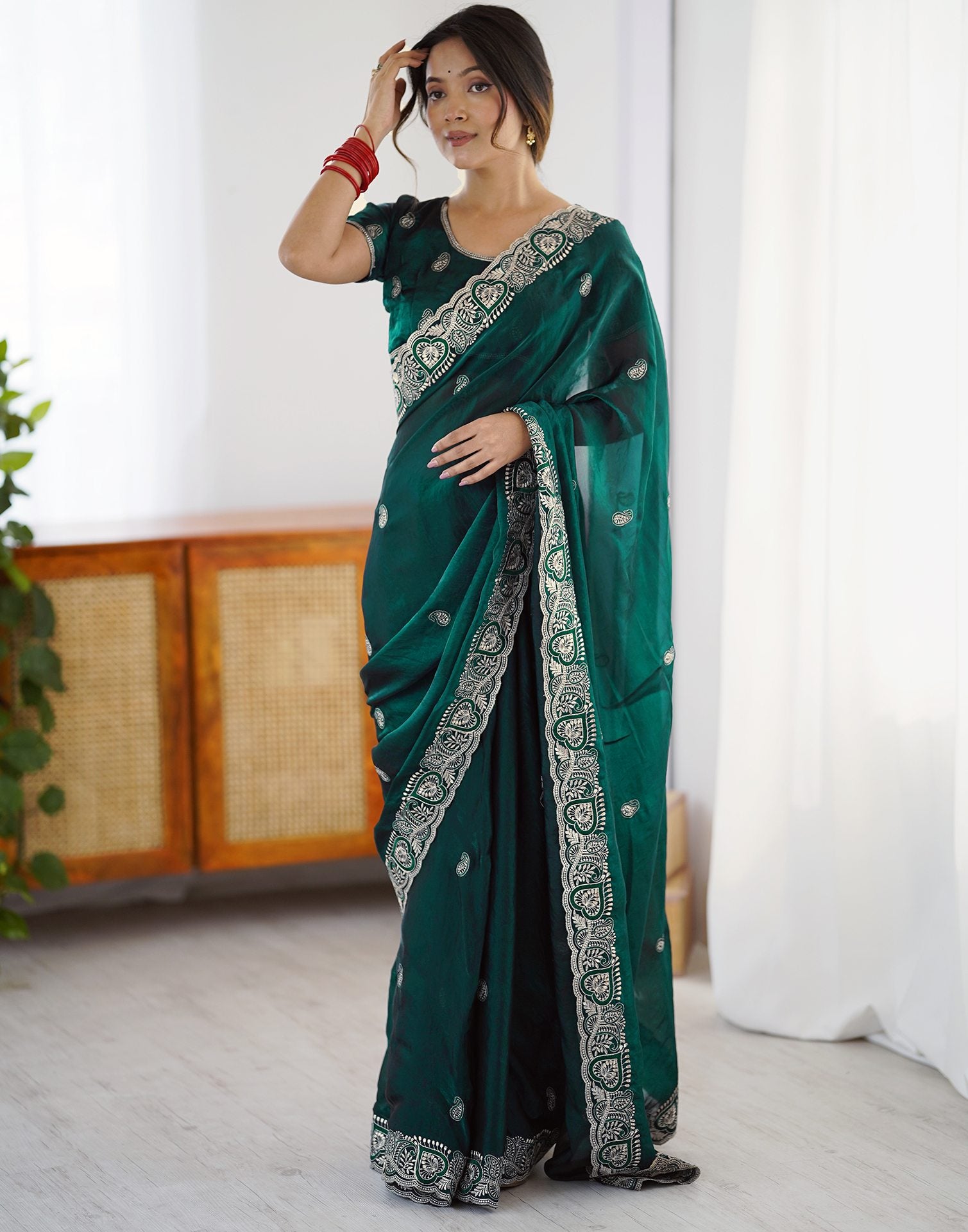Green Tissue Silk Embroidery Saree