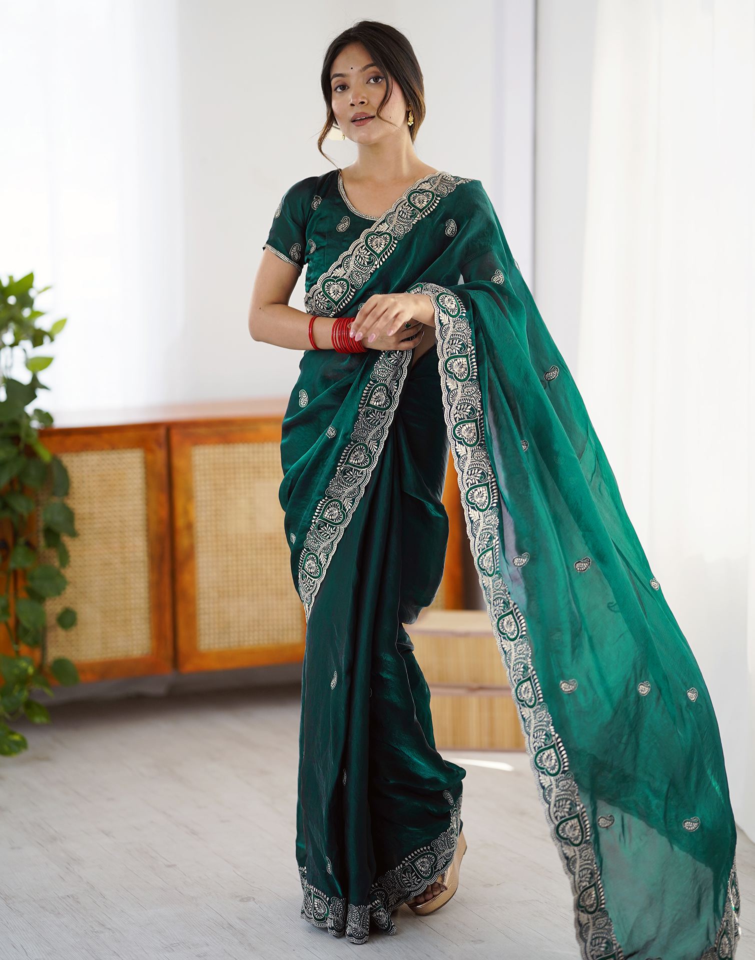 Green Tissue Silk Embroidery Saree