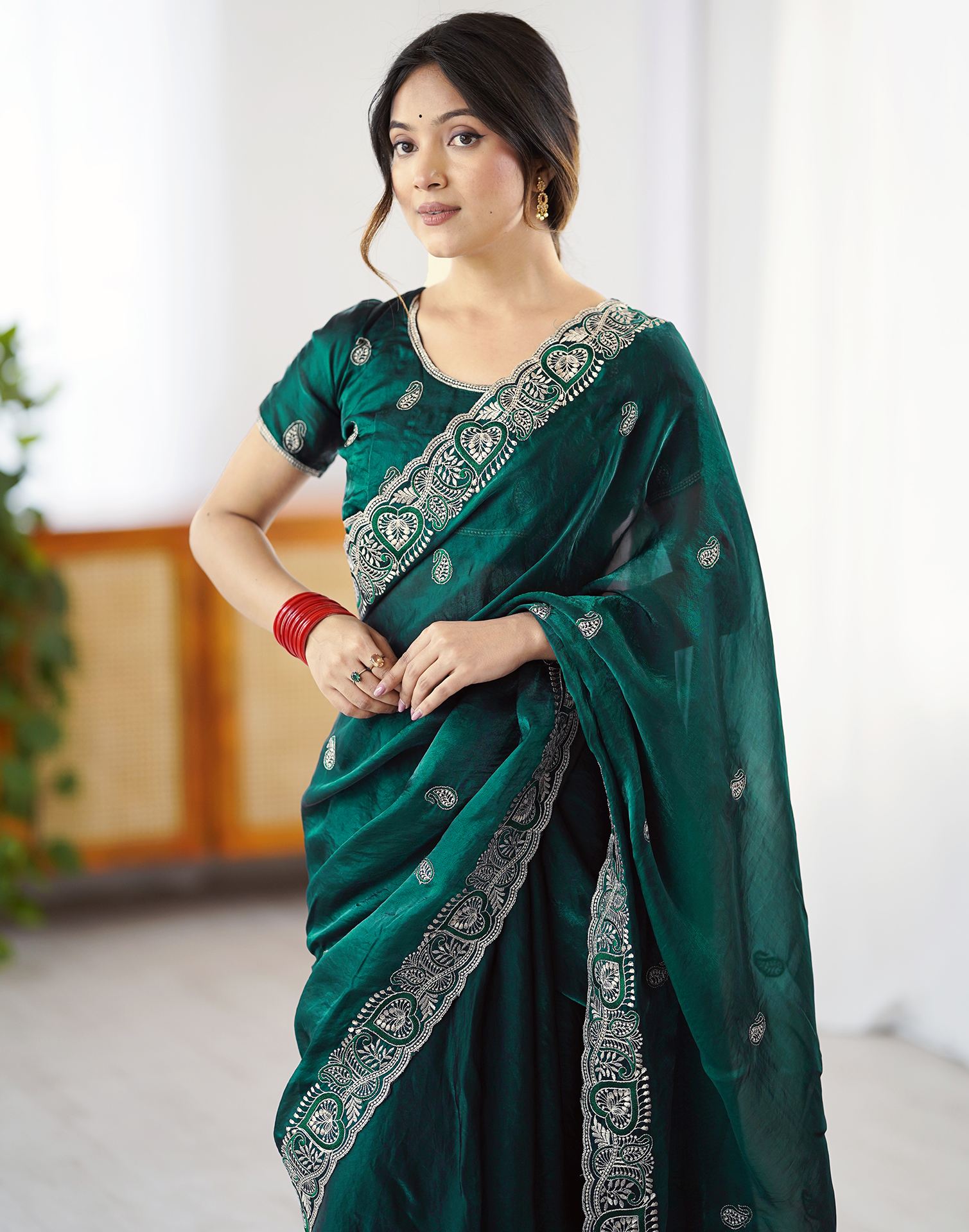 Green Tissue Silk Embroidery Saree