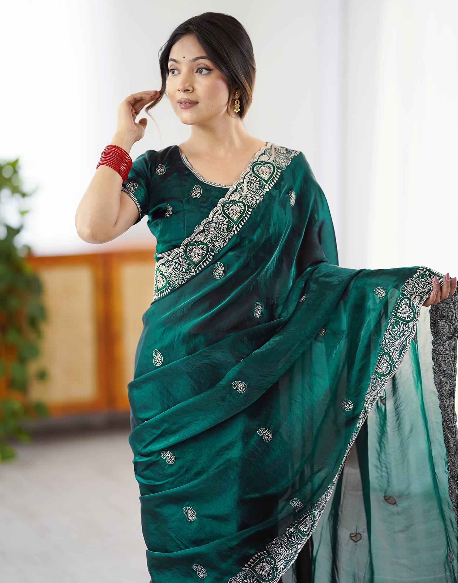 Green Tissue Silk Embroidery Saree