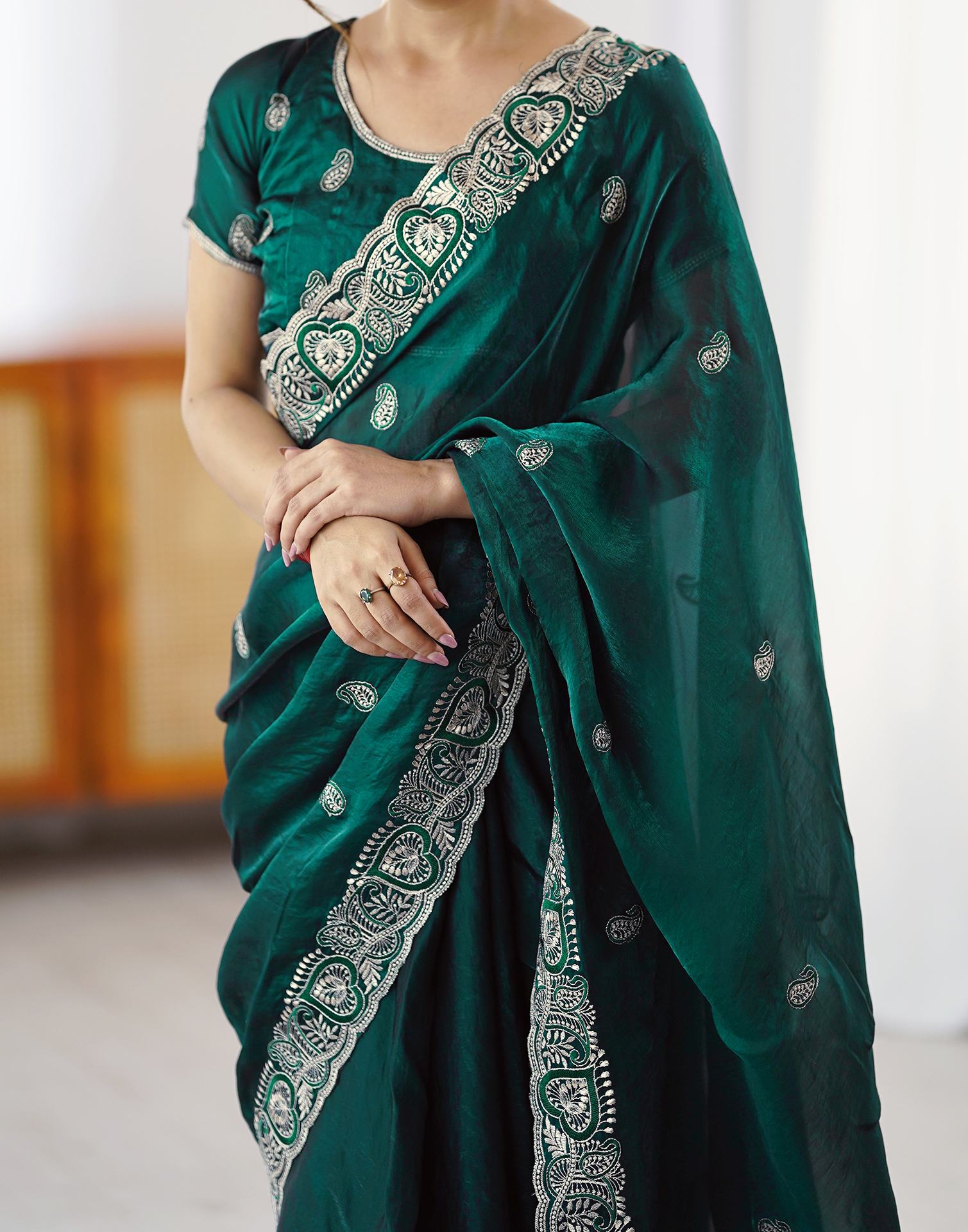 Green Tissue Silk Embroidery Saree