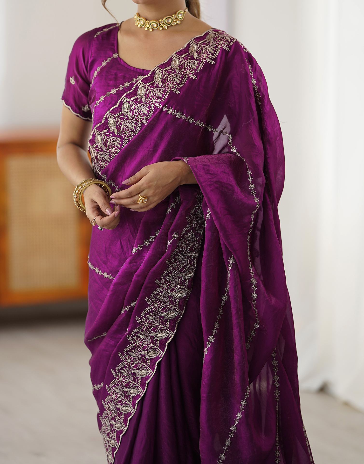 Magenta Tissue Silk Embroidery Saree