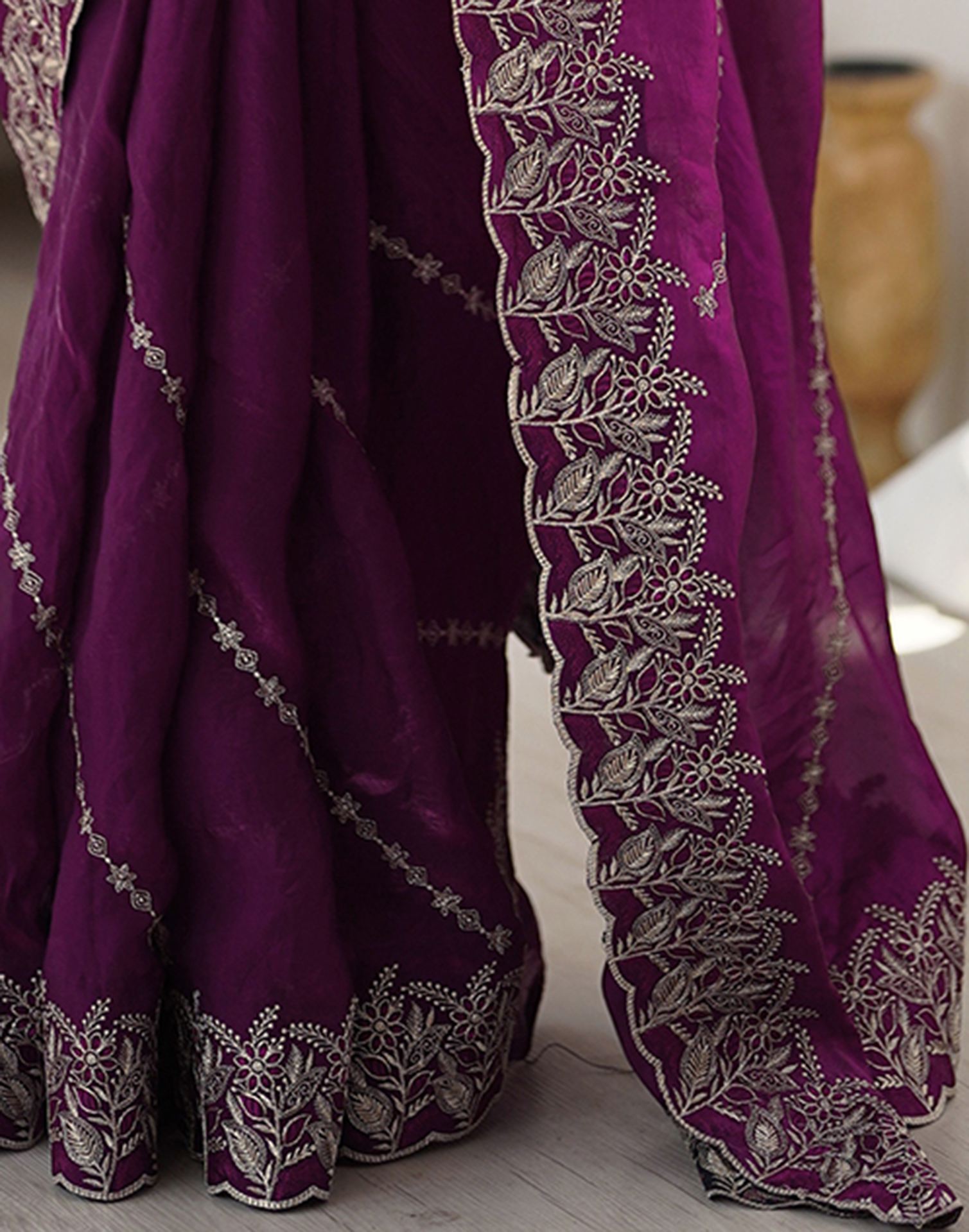 Magenta Tissue Silk Embroidery Saree