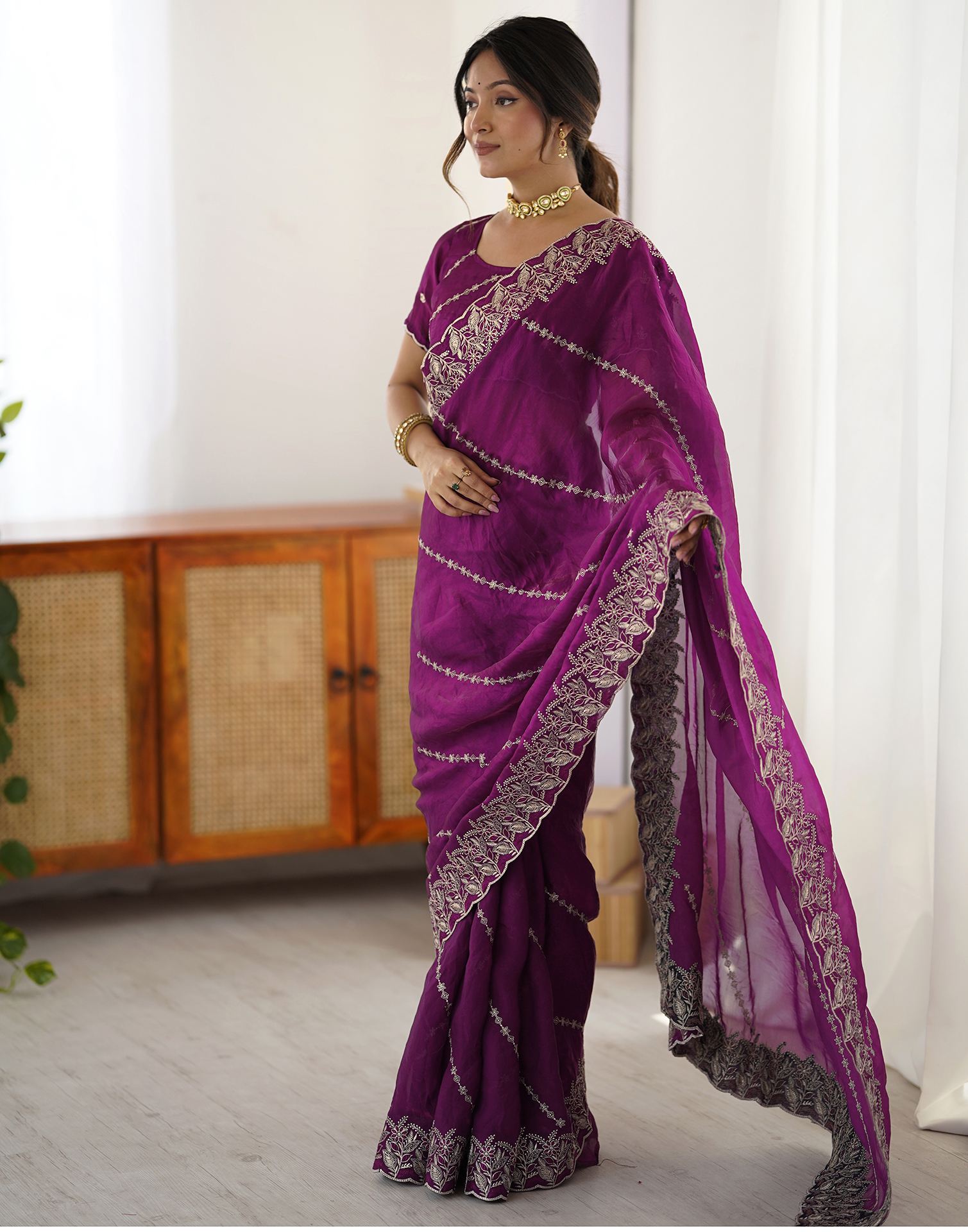 Magenta Tissue Silk Embroidery Saree