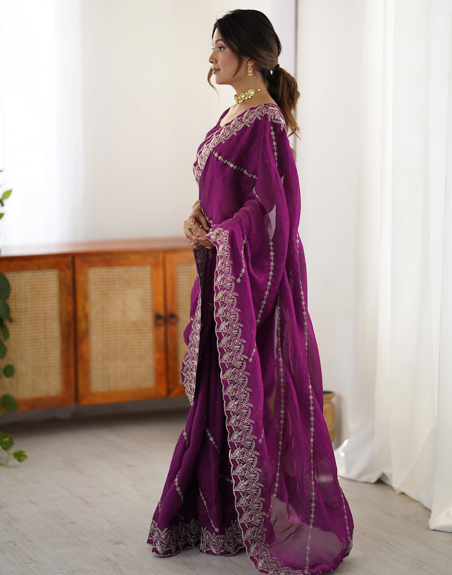 Magenta Tissue Silk Embroidery Saree