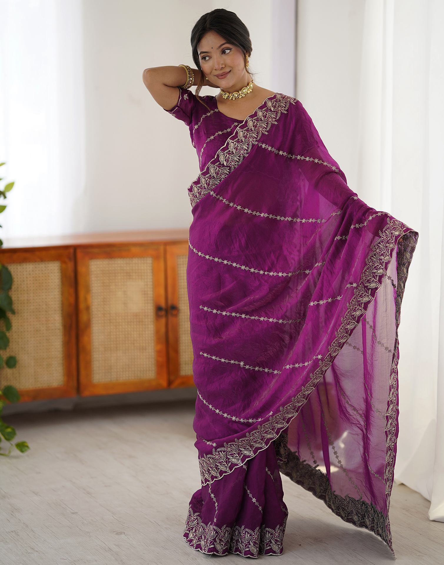 Magenta Tissue Silk Embroidery Saree