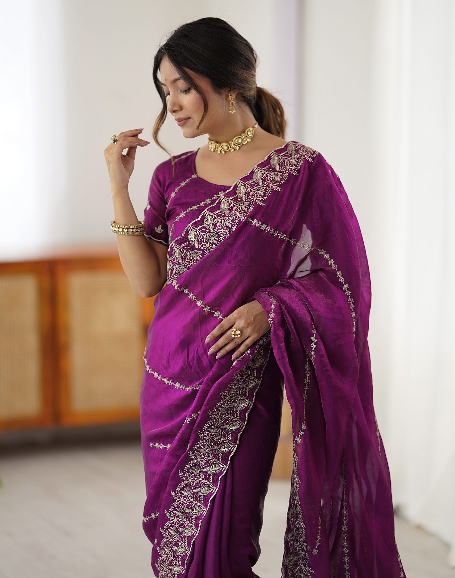 Magenta Tissue Silk Embroidery Saree