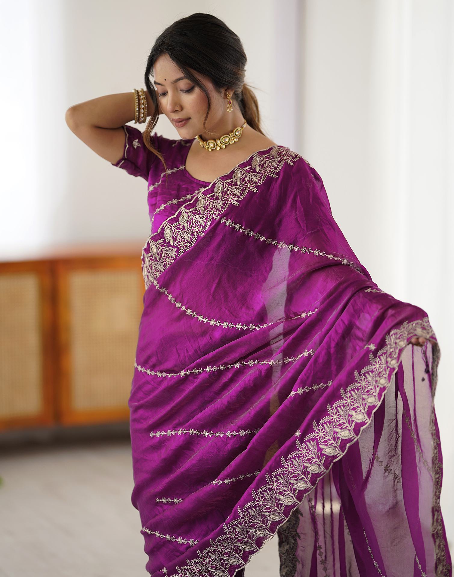 Magenta Tissue Silk Embroidery Saree