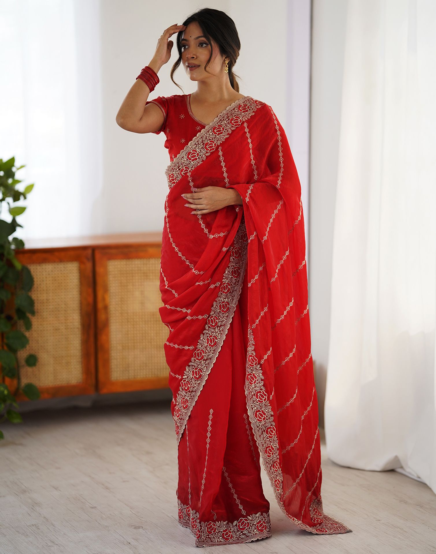 Red Tissue Silk Embroidery Saree