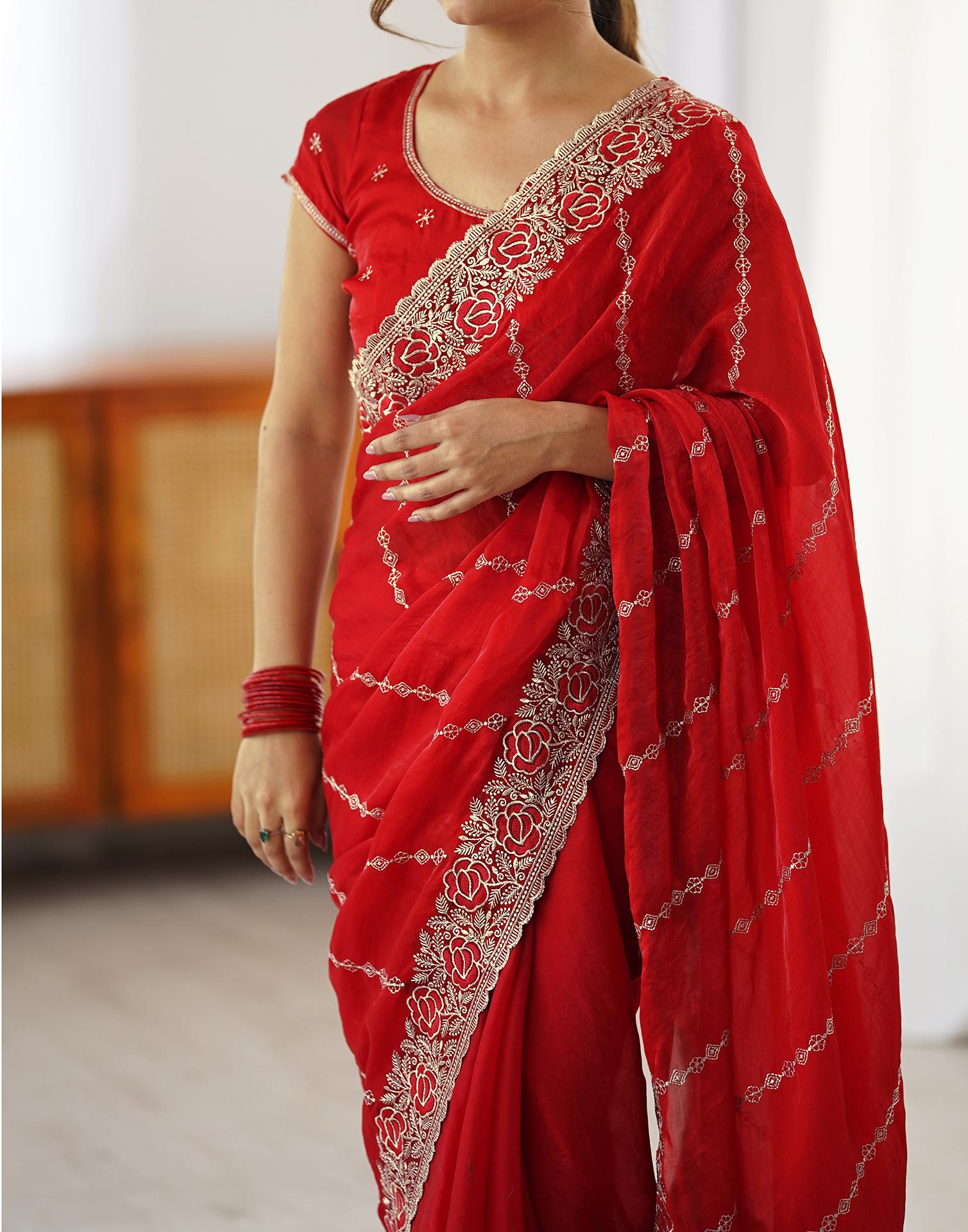 Red Tissue Silk Embroidery Saree