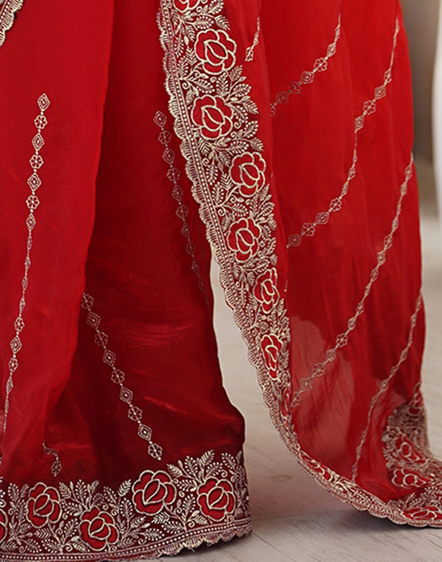 Red Tissue Silk Embroidery Saree