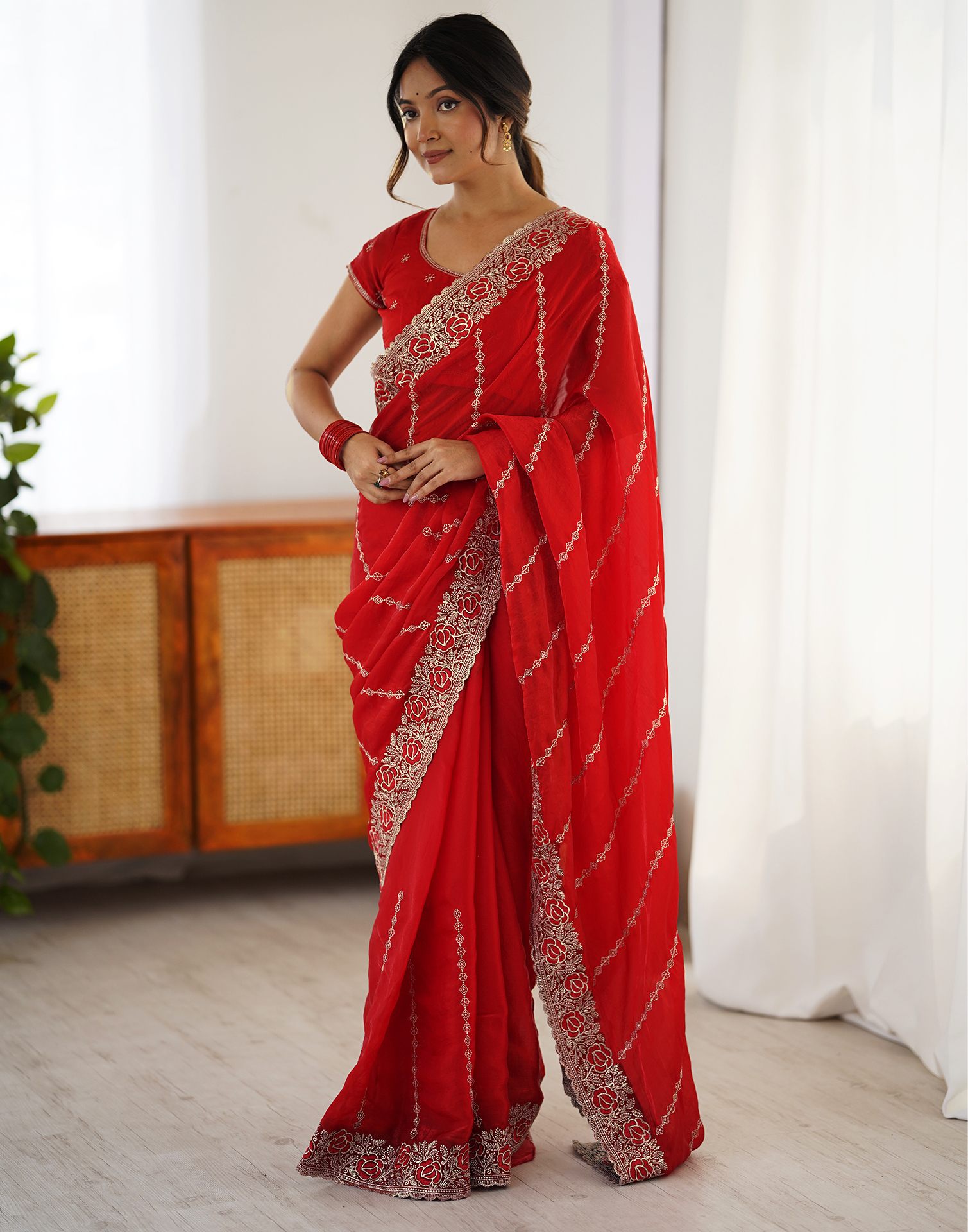 Red Tissue Silk Embroidery Saree