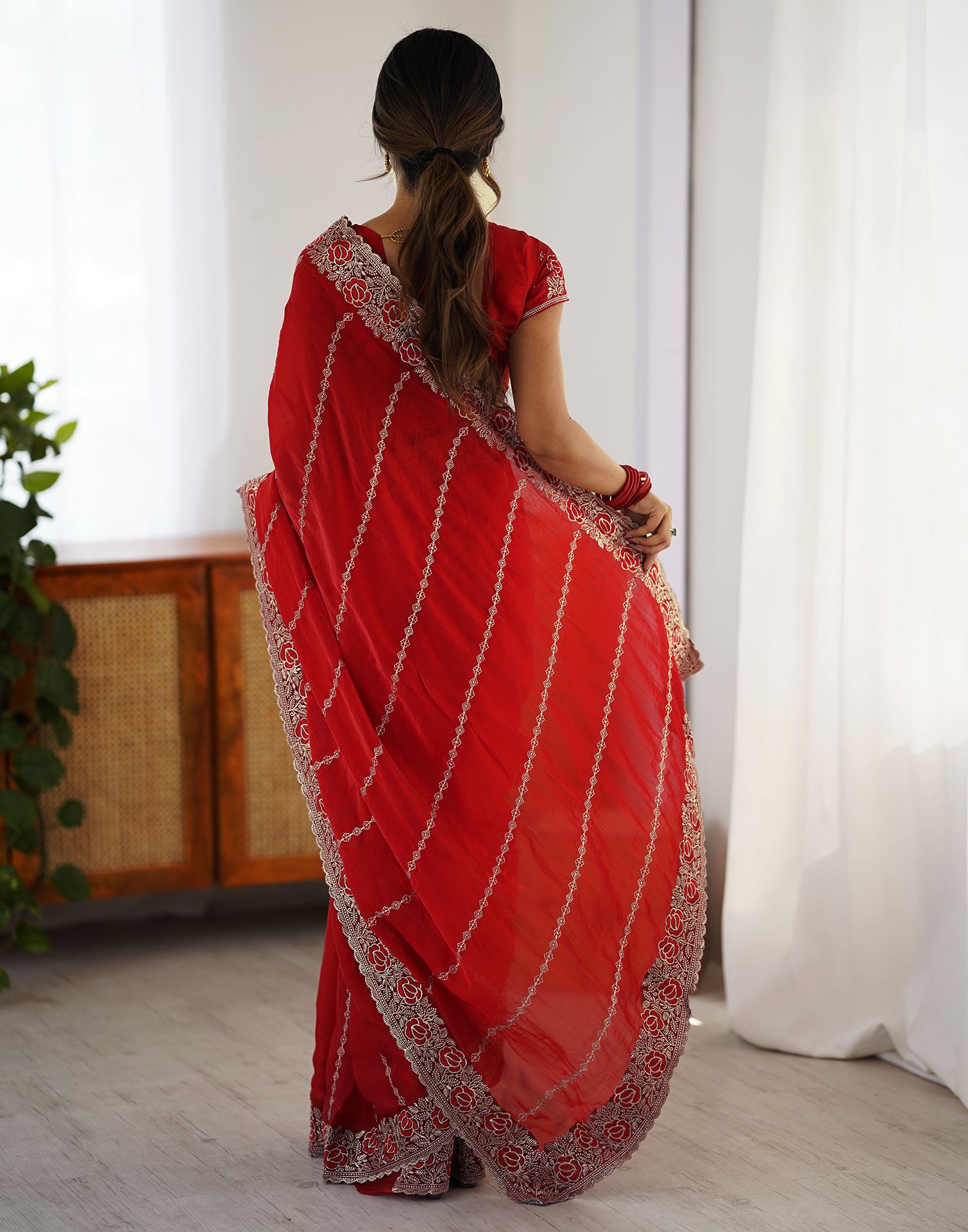 Red Tissue Silk Embroidery Saree