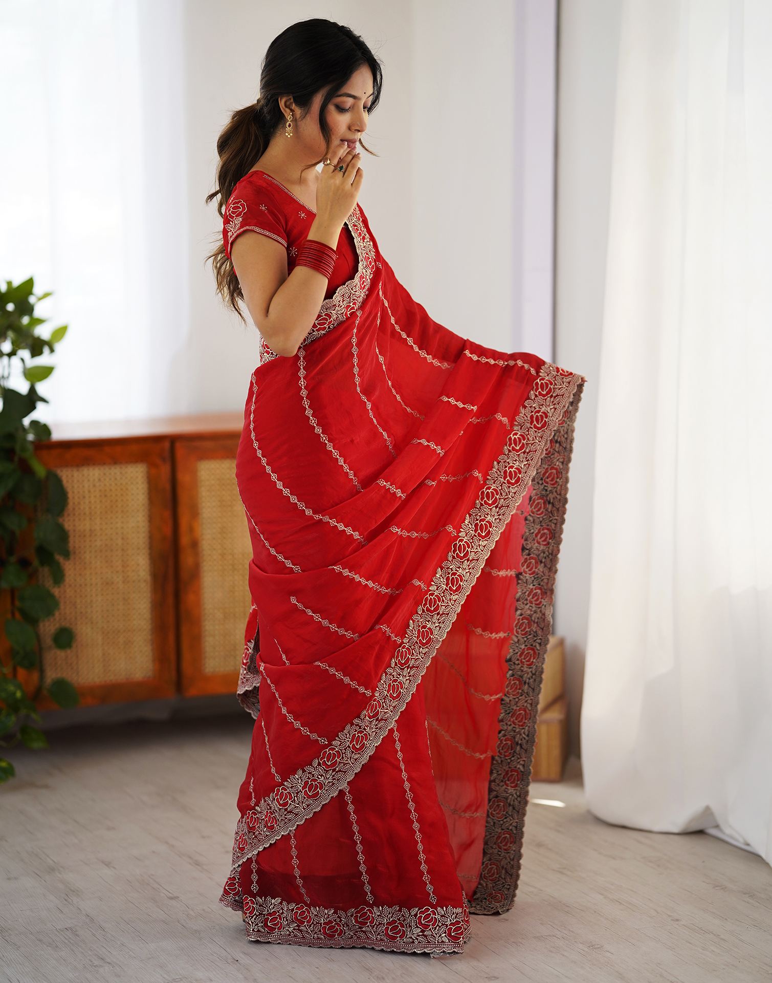 Red Tissue Silk Embroidery Saree