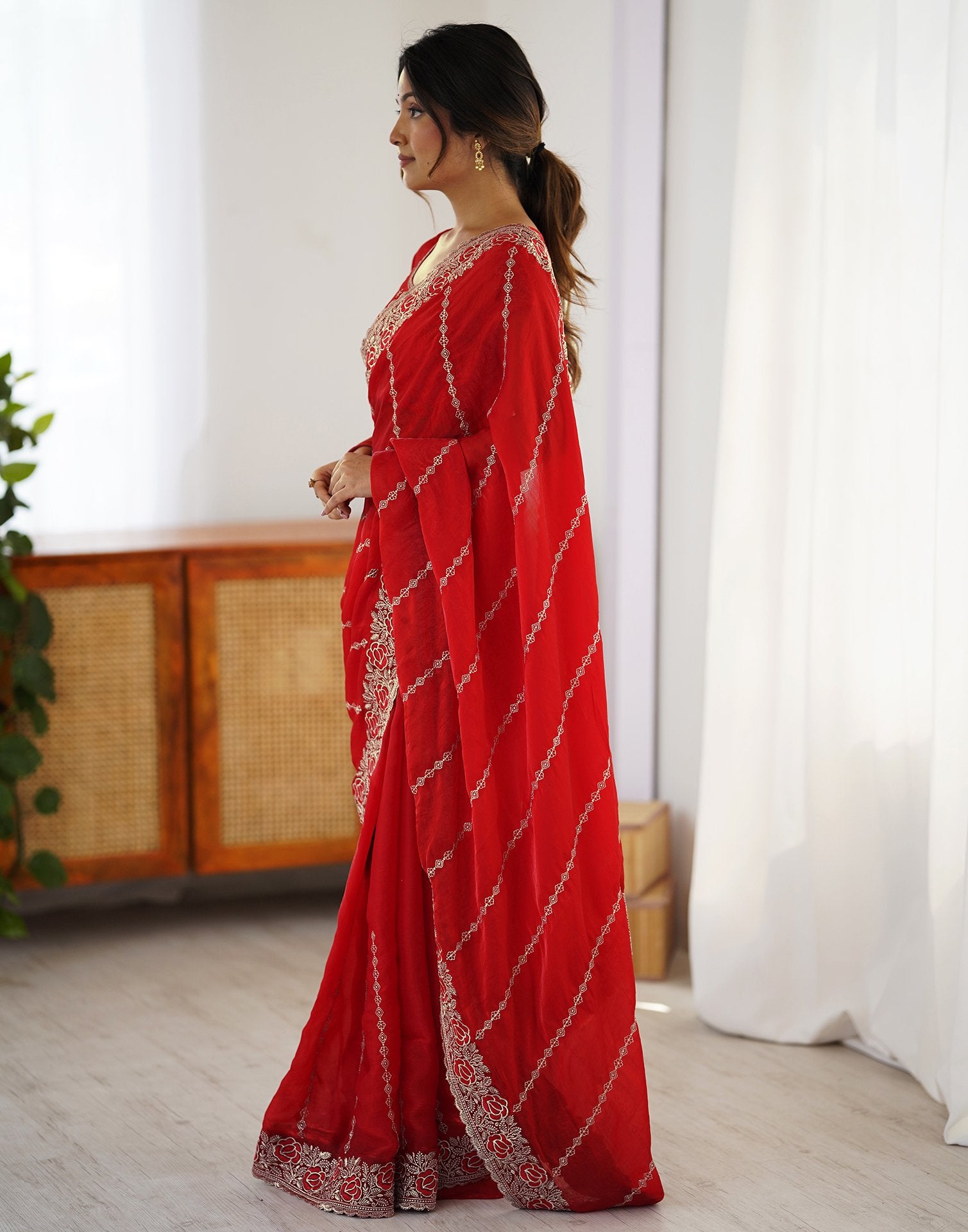 Red Tissue Silk Embroidery Saree