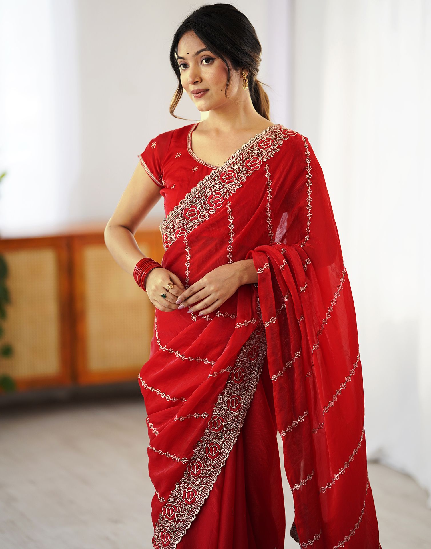 Red Tissue Silk Embroidery Saree