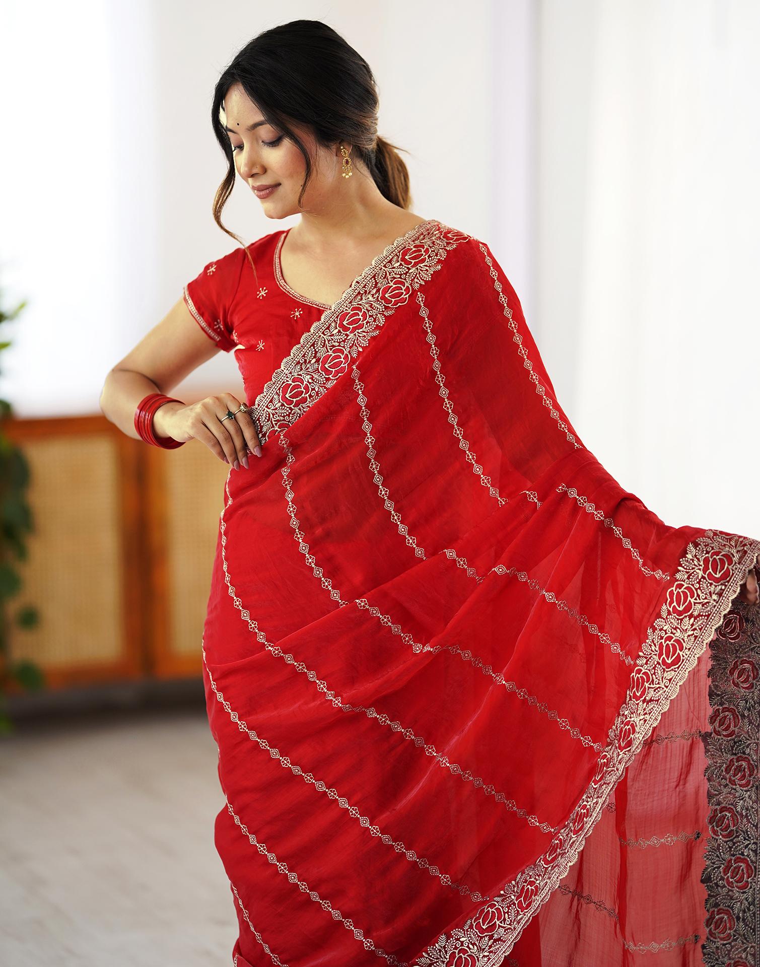 Red Tissue Silk Embroidery Saree