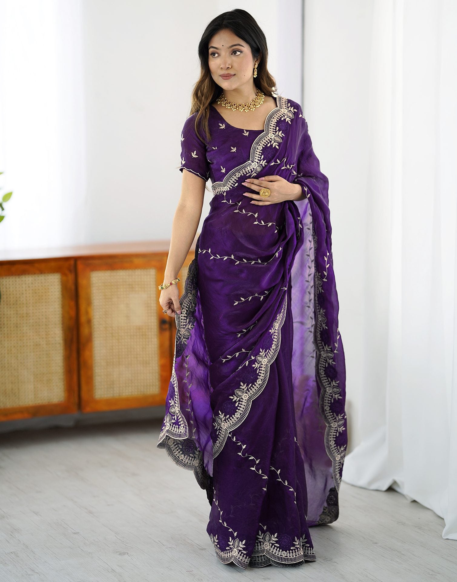 Purple Tissue Silk Embroidery Saree