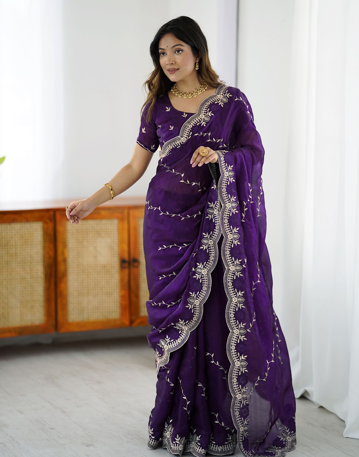 Purple Tissue Silk Embroidery Saree