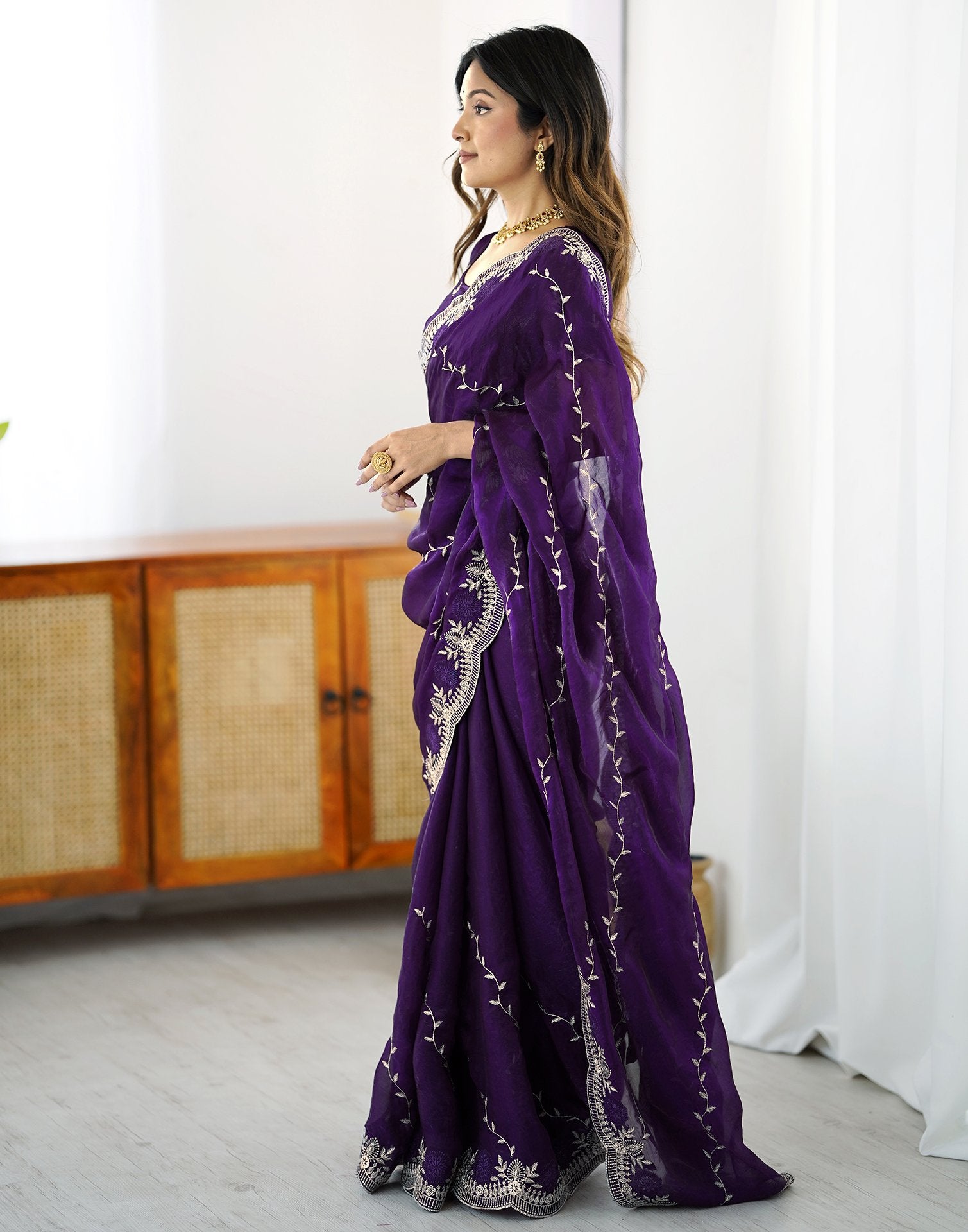 Purple Tissue Silk Embroidery Saree