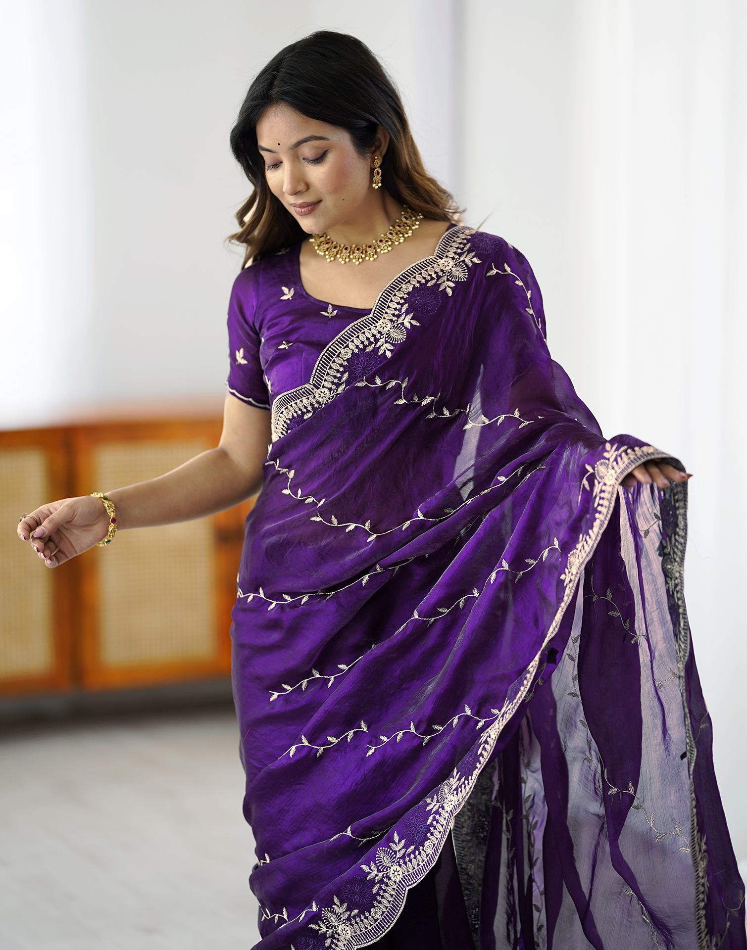 Purple Tissue Silk Embroidery Saree