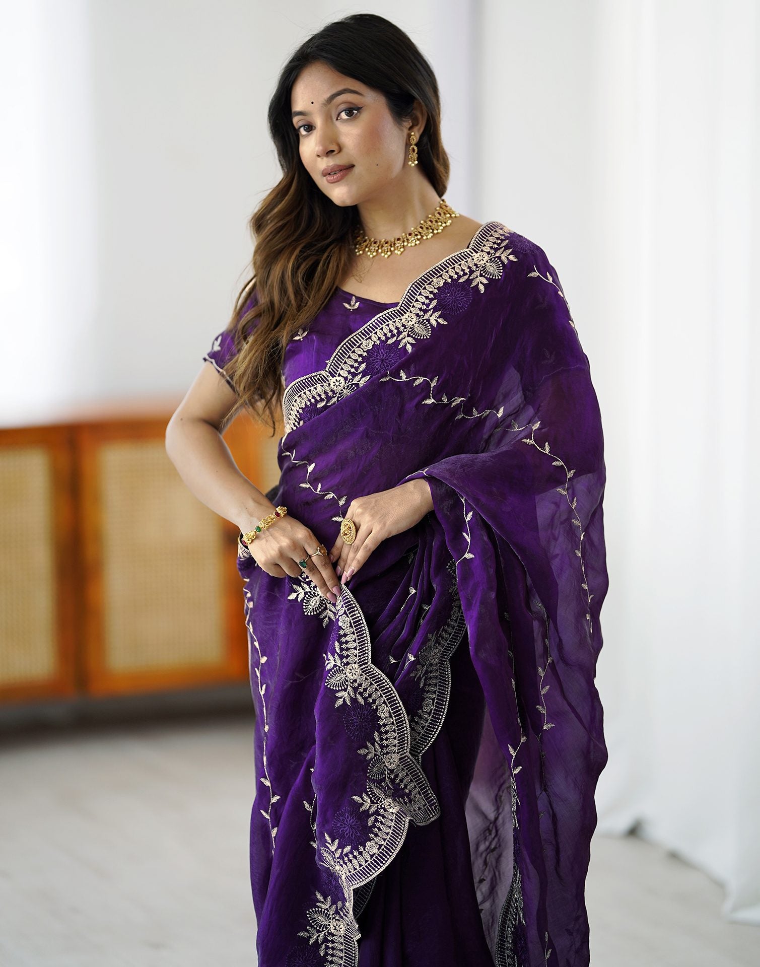 Purple Tissue Silk Embroidery Saree