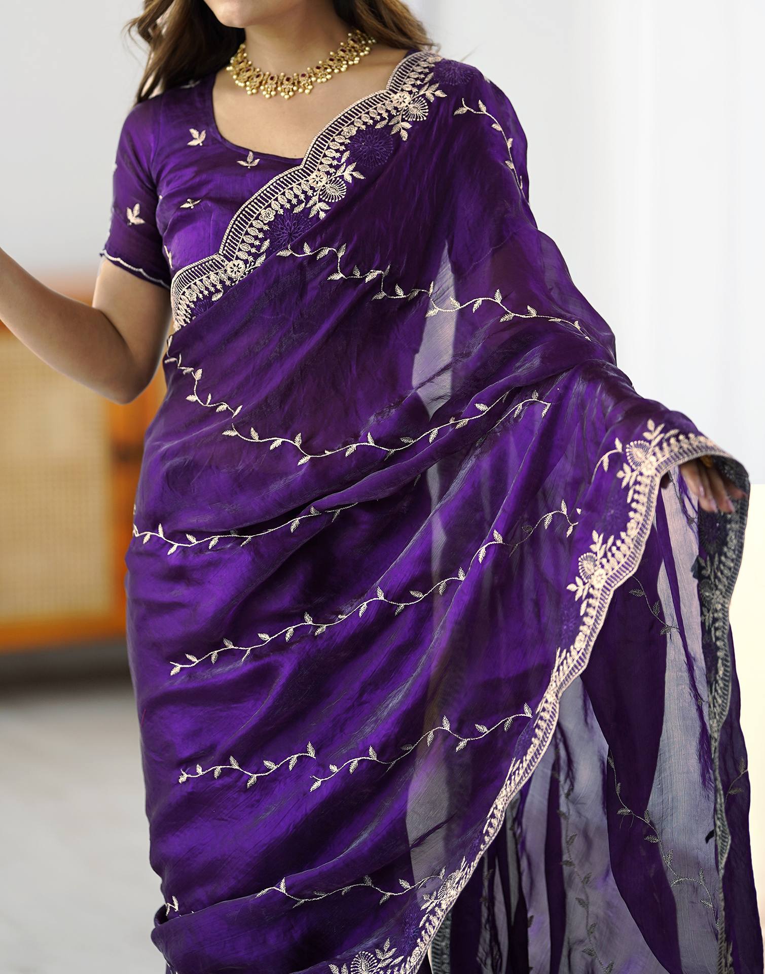 Purple Tissue Silk Embroidery Saree