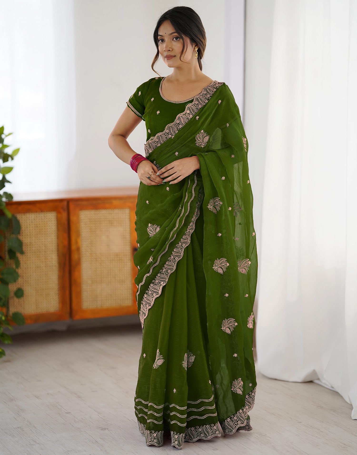 Dark Green Shimmer Embroidery Saree